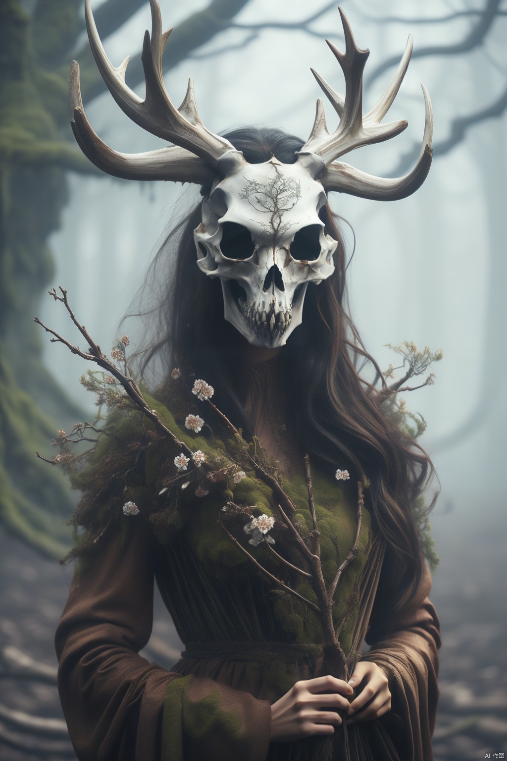  1girl, Skull mask, tree, motion blur,antler,flower,Incorporating natural elements, gradually transforming into branches and twigs,Shorthair,kulou,Detail