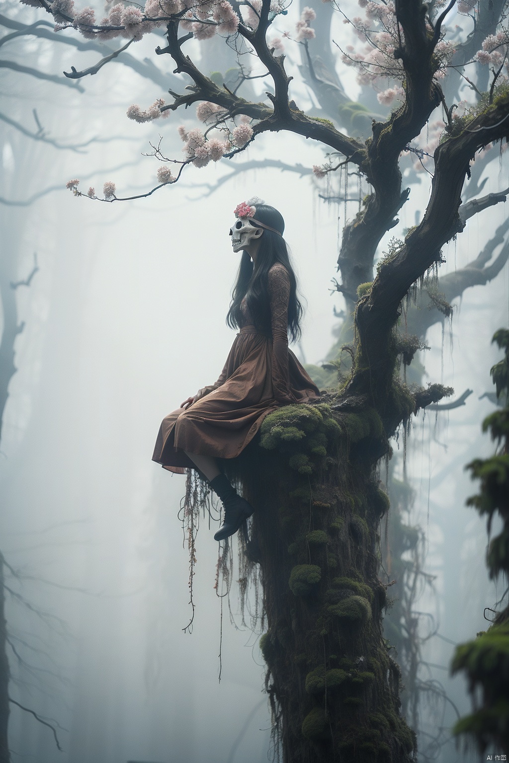 A girl standing on a tree, from a low angle, from below, interweaving with the lines of the tree roots,Skull mask,kulou,tree,flower,antler, Detail