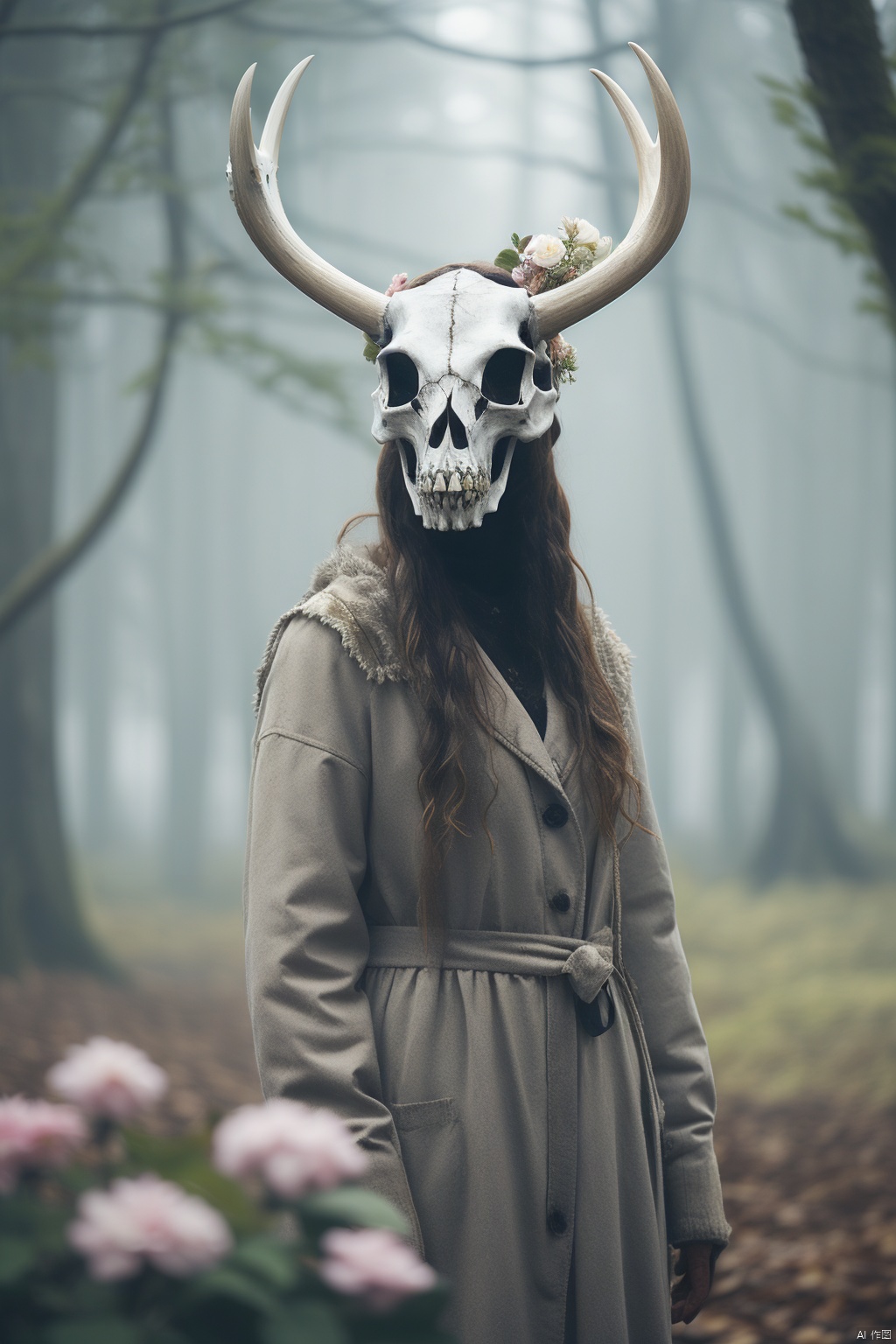  1girl, Skull mask, tree, motion blur,antler,flower,Shorthair,kulou,standingDetail
