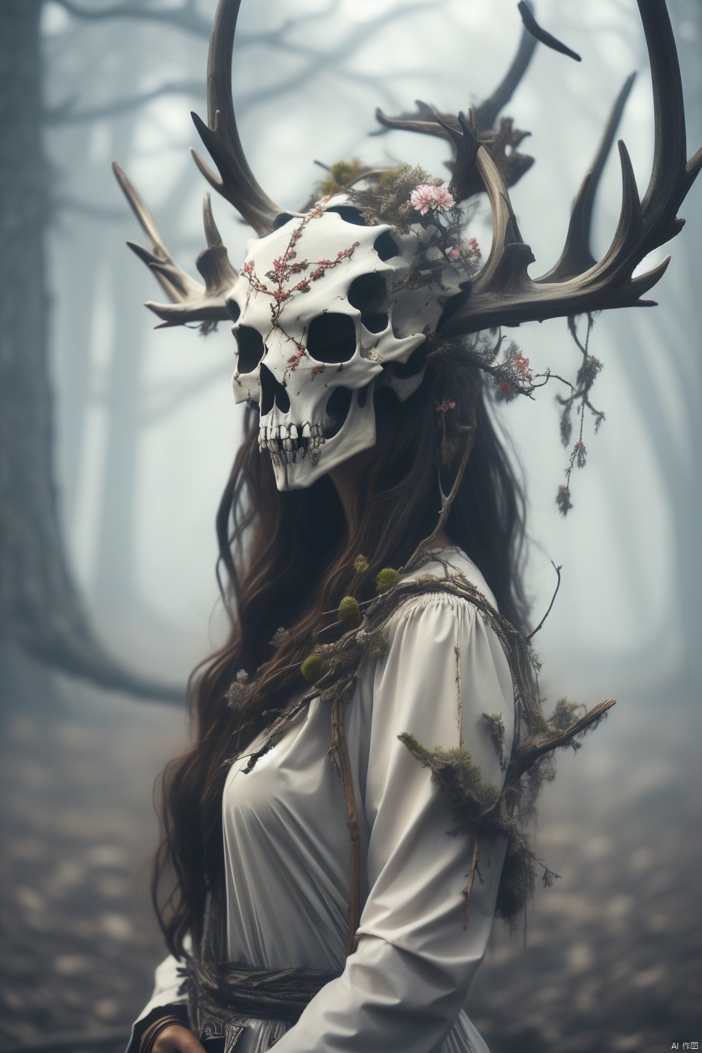  1girl, Skull mask, tree, motion blur,antler,flower,Incorporating natural elements, gradually transforming into branches and twigs,Shorthair,kulou,standingDetail