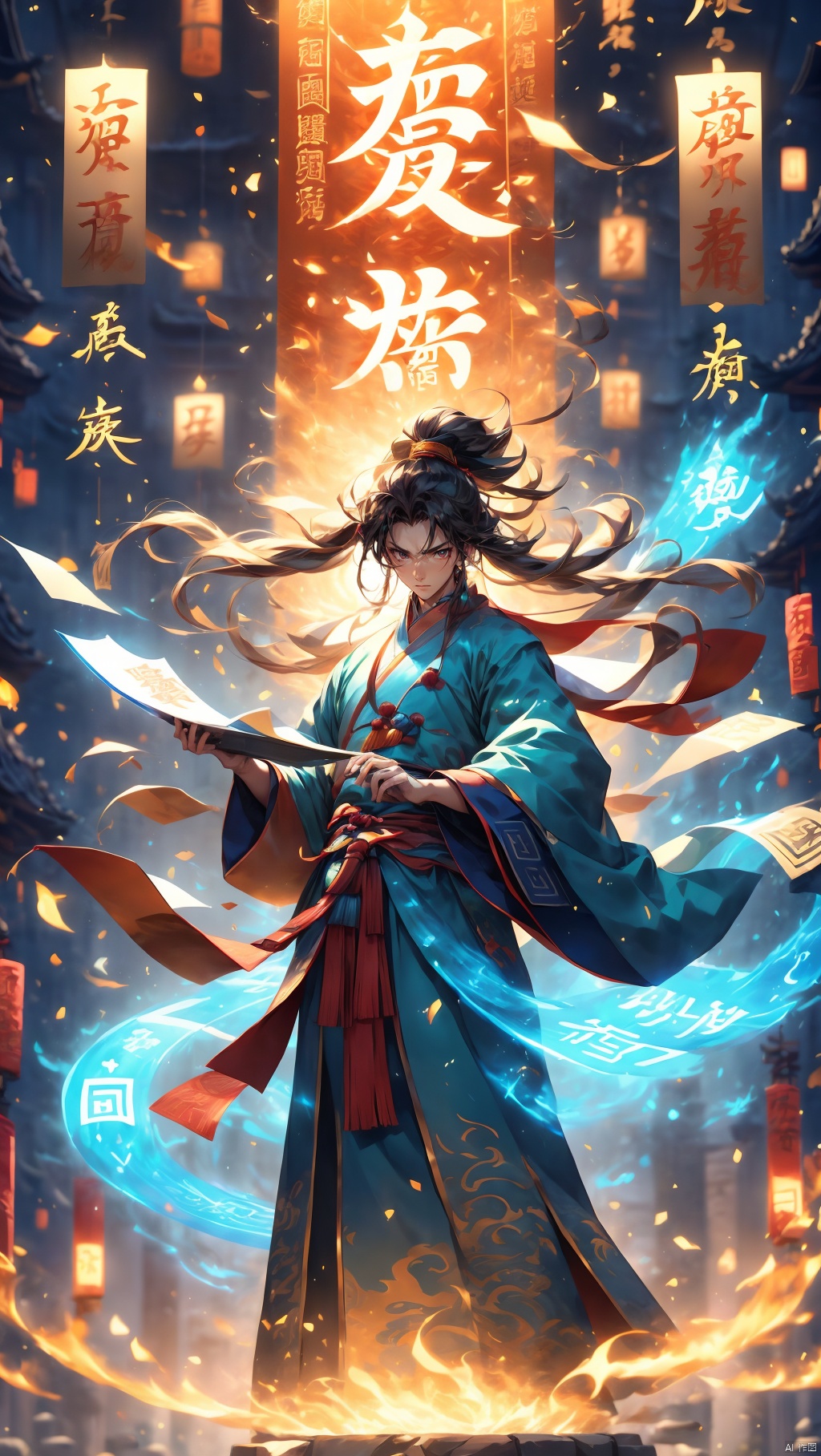 1boy, dynamic posture wearing Hanfu, long hair,Upper body, glowing text, transparent text, energy text, energy fluid, glowing, Fire, flame, flame fluid,dawn, light particle effect, floating energy scroll, blue energy, best quality, masterpiece, 8k,transparent text, negative_hand, Daofa Rune, Wen Dao Sheng Zun,Multi energy text