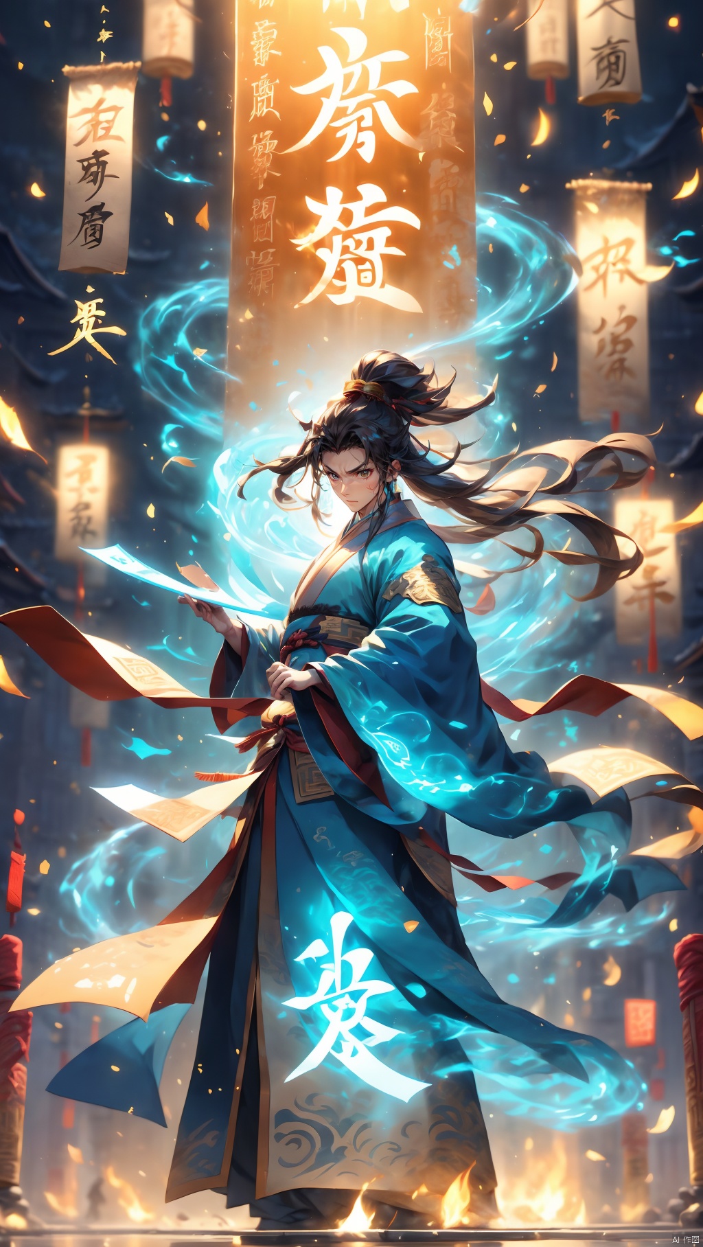 1boy, dynamic posture wearing Hanfu, long hair,Upper body, glowing text, transparent text, energy text, energy fluid, glowing, Fire, flame, flame fluid,dawn, light particle effect, floating energy scroll, blue energy, best quality, masterpiece, 8k,transparent text, negative_hand, Daofa Rune, Wen Dao Sheng Zun,Multi energy text