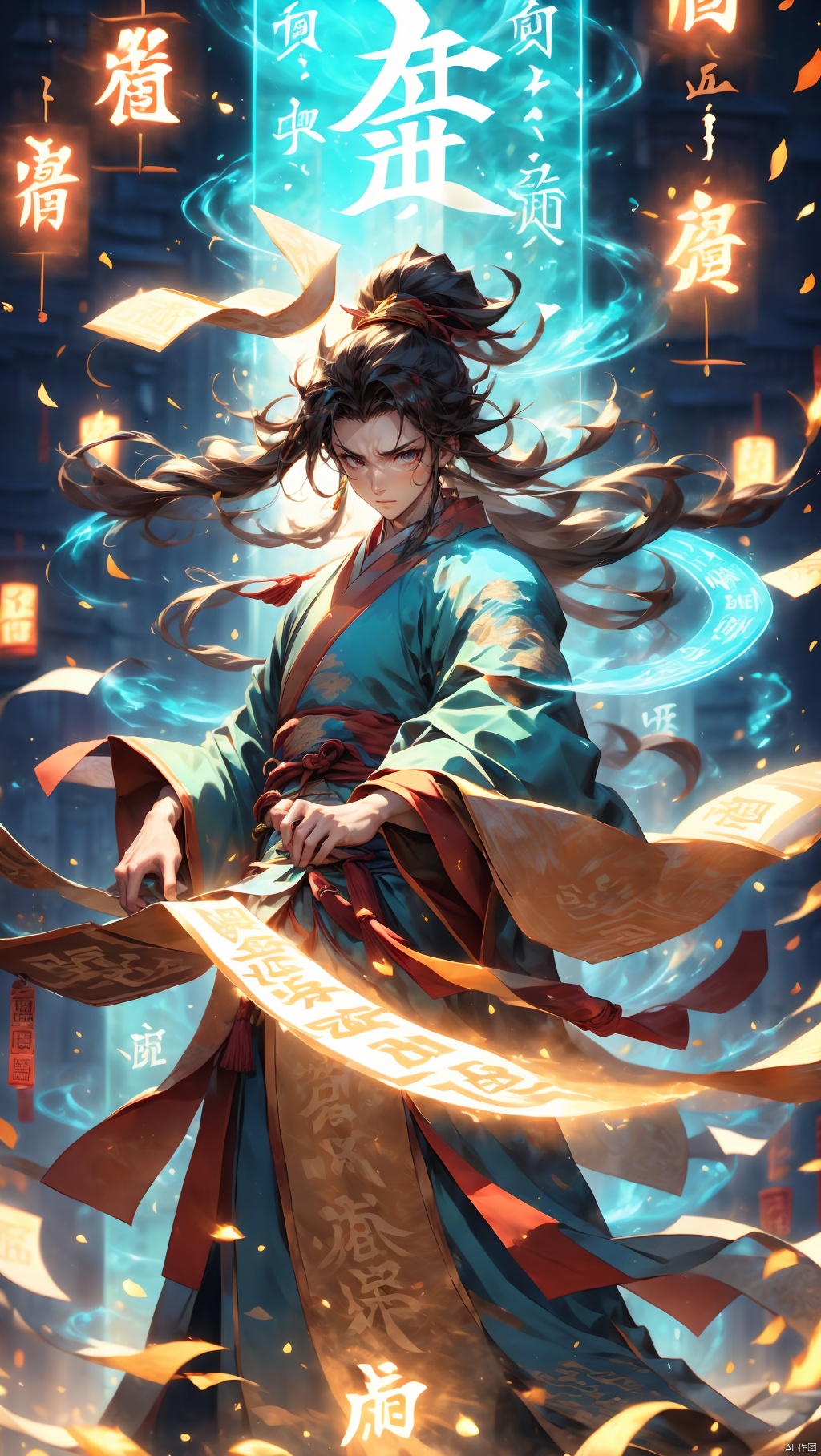 1boy, dynamic posture wearing Hanfu, long hair,Upper body, glowing text, transparent text, energy text, energy fluid, glowing, Fire, flame, flame fluid,dawn, light particle effect, floating energy scroll, blue energy, best quality, masterpiece, 8k,transparent text, negative_hand, Daofa Rune, Wen Dao Sheng Zun,Multi energy text,Energy pairing
