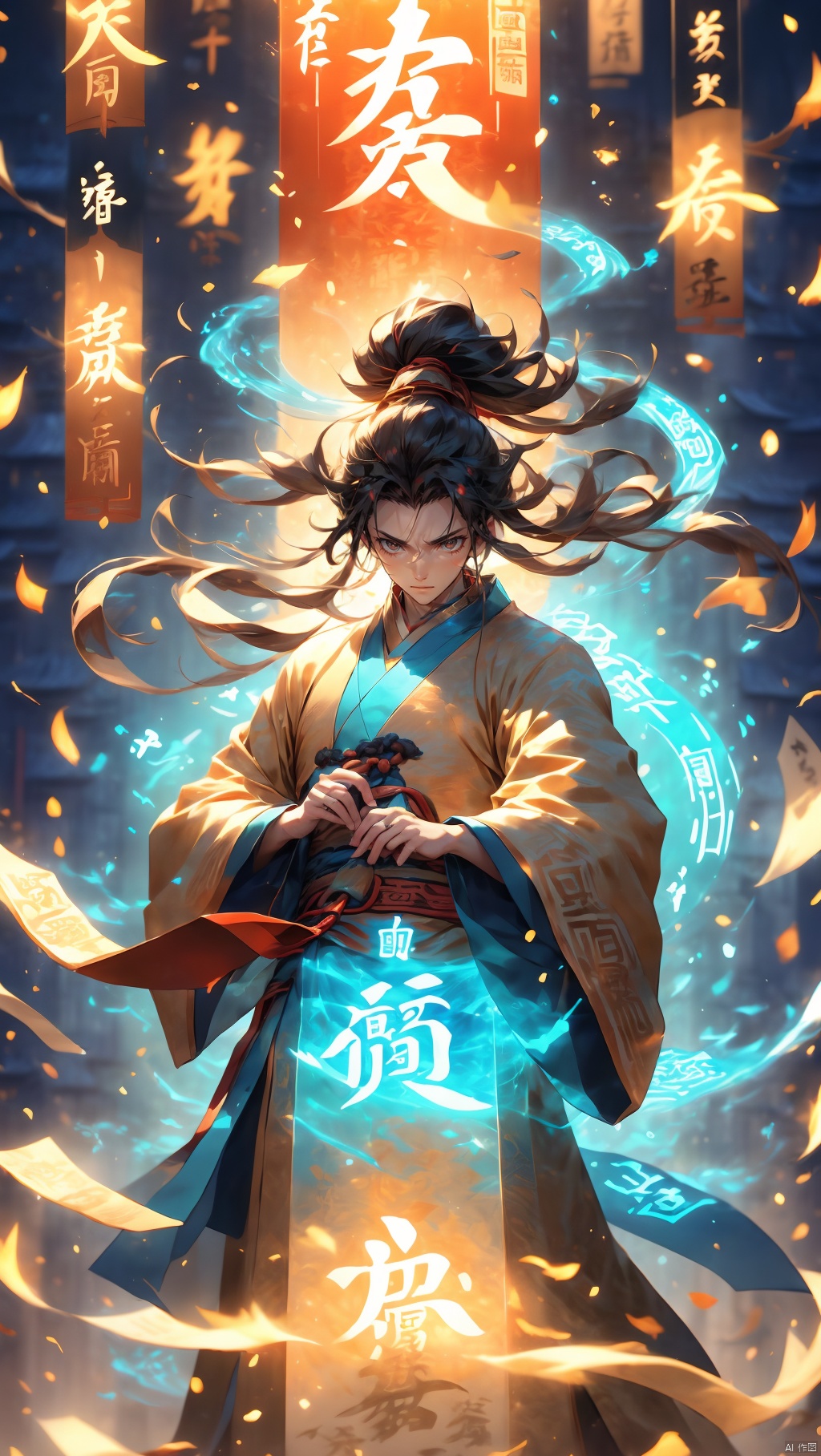 1boy, dynamic posture wearing Hanfu, long hair,Upper body, glowing text, transparent text, energy text, energy fluid, glowing, Fire, flame, flame fluid,dawn, light particle effect, floating energy scroll, blue energy, best quality, masterpiece, 8k,transparent text, negative_hand, Daofa Rune, Wen Dao Sheng Zun,Multi energy text