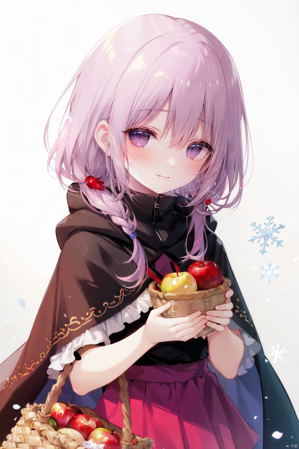 1girl, loli, basket, solo, food, fruit, dress, hood, snowflakes, little red riding hood \(grimm\), apple, looking at viewer, pink hair, blush, pink eyes, purple eyes, cloak, holding, purple hair, layered dress, holding basket, red hood, cape, upper body