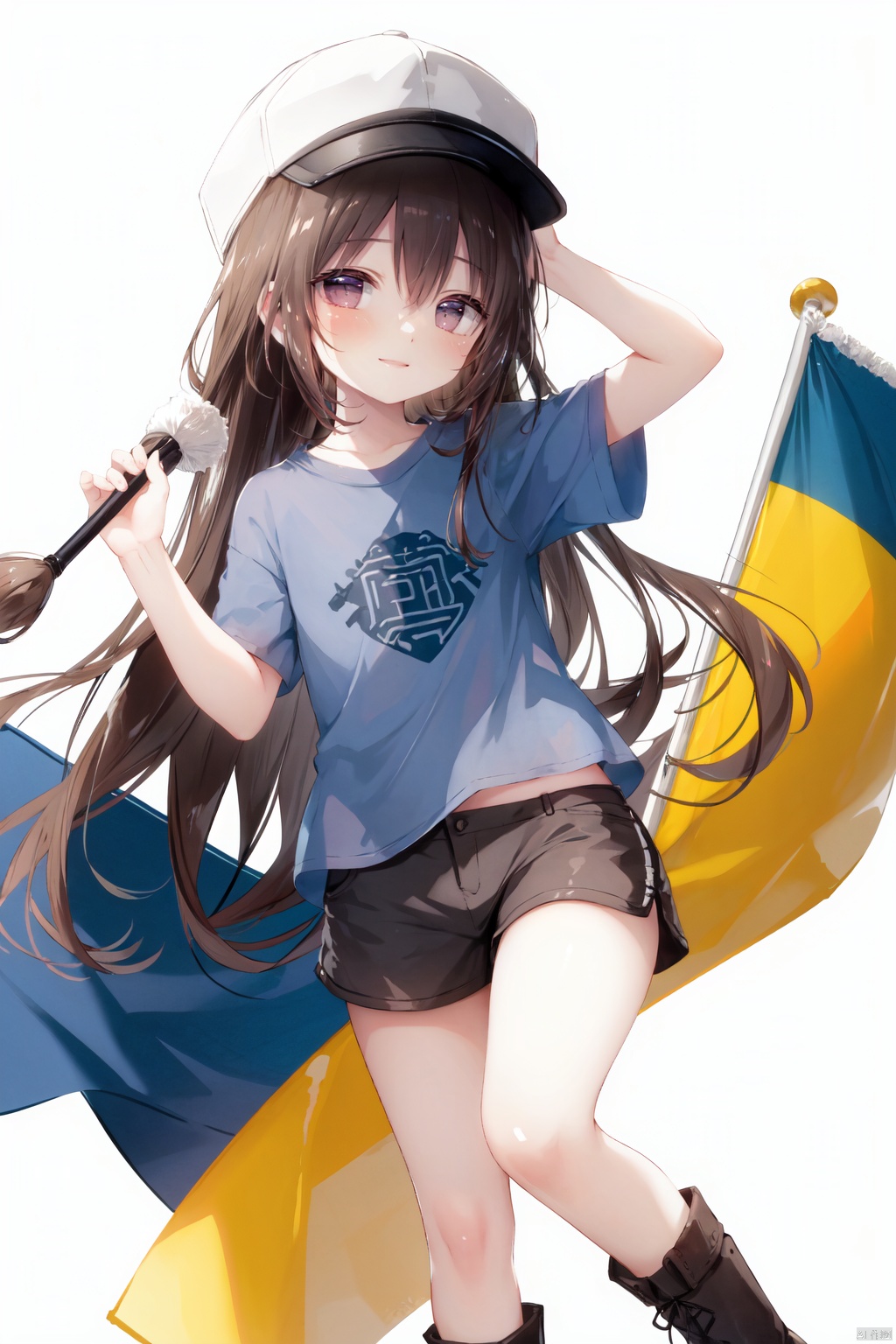 solo, 1girl, brown shorts, flat cap, blush, long hair, shorts, holding, platelet \(hataraku saibou\), boots, hat, very long hair, brown eyes, holding flag, open mouth, shirt, short sleeves, black footwear, hair between eyes, blue shirt, white background, standing on one leg, :d, flag, bangs, smile, brown hair, standing, character name, short shorts, looking at viewer, simple background, clothes writing, grey headwear, upper teeth only, hands up, notice lines, teeth, white headwear, dated