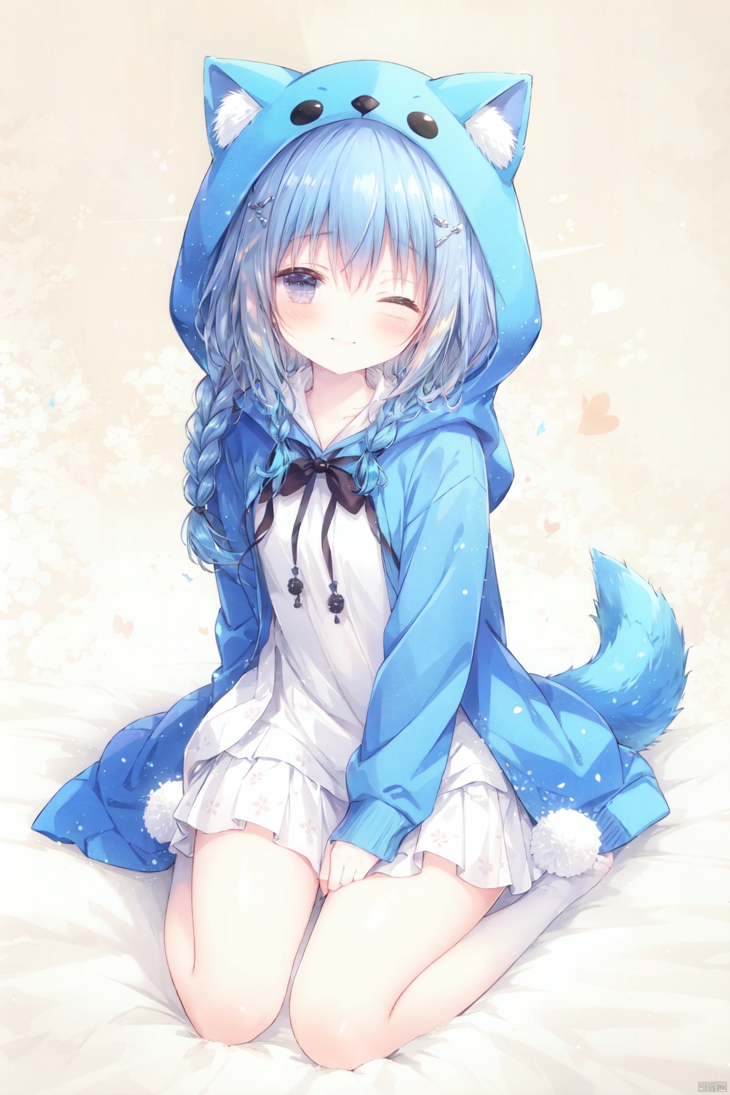 1girl, kafuu chino, solo, long hair, one eye closed, twin braids, braid, hood, hair ornament, x hair ornament, blush, pom pom \(clothes\), blue eyes, animal hood, loungewear, sitting, looking at viewer, blue hair, toeless legwear, tail, open mouth, hairclip, hoodie, seiza, ;o