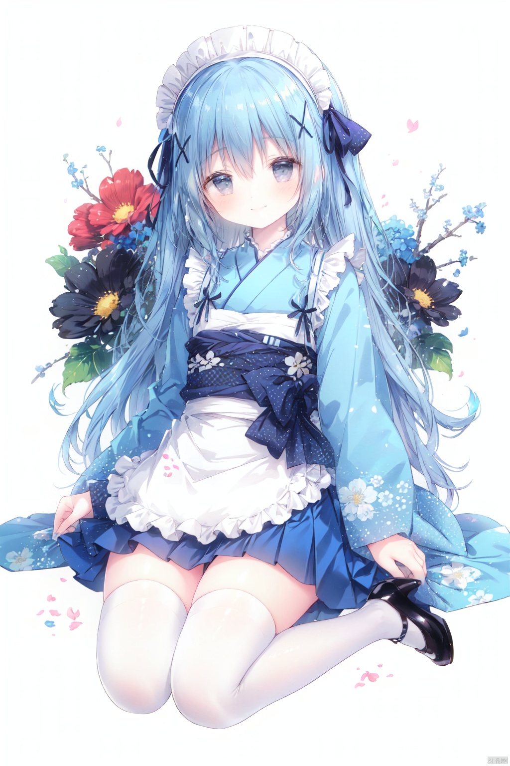 1girl, solo, kafuu chino, kimono, blue flower, apron, flower, thighhighs, blue eyes, wide sleeves, japanese clothes, long hair, blue skirt, skirt, checkered kimono, black footwear, wa maid, sleeves past wrists, white thighhighs, hair ornament, blush, long sleeves, bangs, frilled apron, white apron, blue hair, pleated skirt, blue kimono, parted lips, maid headdress, hair flower, ribbon, frills, very long hair, checkered clothes, hair ribbon, looking at viewer, hair between eyes, high heels, x hair ornament, blue ribbon, pinching sleeves, black ribbon, shoes, maid apron