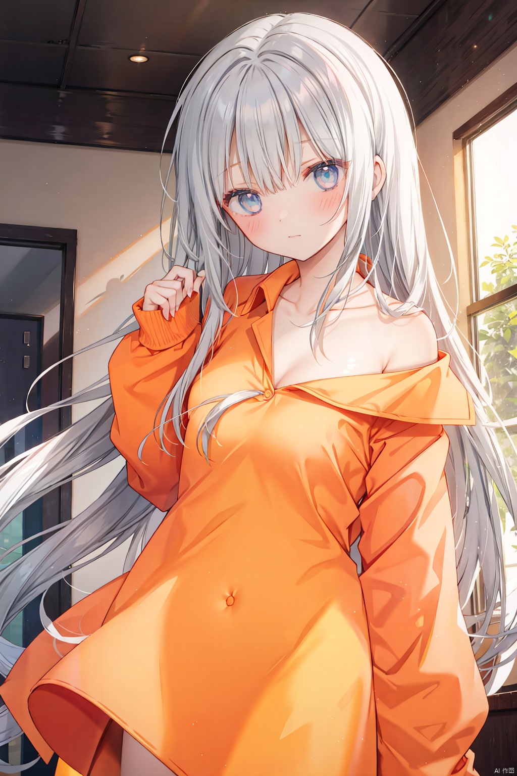 1girl,  long hair,  solo,  very long hair,  blue eyes,  blush,  shirt,  collarbone,  dutch angle,  dress shirt,  bangs,  sleeves past wrists,  long sleeves,  ahoge,  shiny hair,  hair between eyes,  floating hair,  naked shirt,  indoors,  standing,  looking at viewer,  straight hair,  shiny,  (off shoulder:1.2),  oversized clothes,  white hair,  collared shirt,  embarrassed,  wing collar,  (orange shirt:1.2),
