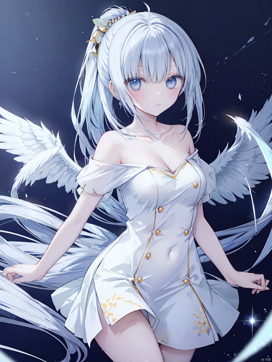 An illustration of a beautiful girl in a manga style,thighs, inspired by the works of Hayao Miyazaki. aerial fireworks,night sky,planet,light particlesartist name, aurora,constellation,embers,The girl has flowing sliver hair and captivating eyes,electricity,magic,radiating a sense of innocence and charm. The art style is vibrant and colorful, with a mix of pastel tones and vibrant hues. The lighting is soft and natural, highlighting her delicate features. gem,glowing jewelry,earrings,The atmosphere is whimsical and enchanting, transporting the viewer to a dreamlike world.,crystal_dress , crystal , wings ,colorful,1girl,girl,wangyushan,wings
