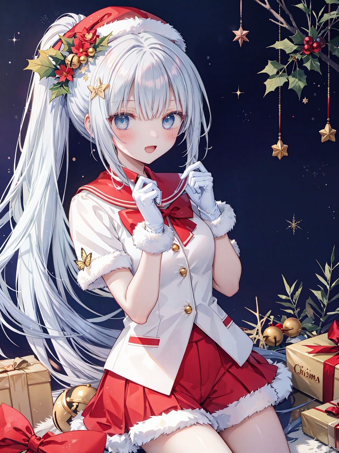  est quality, masterpiece, A girl like princess, ginka, butterfly hair ornament, bell, blush, christmas, christmas ornaments, christmas tree, flower, food, fur trim, gift, gloves, blue eyes, hat, holly, looking at viewer, open mouth, red flower, santa hat, shorts, smile, solo, sparkle, star \(symbol\), white glove