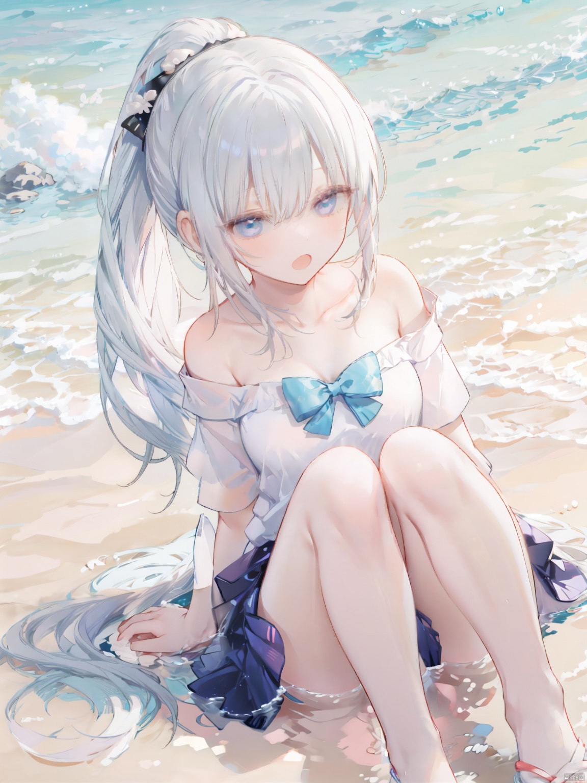 1girl,  ginka,  swimsuit,  solo,  sliver hair,  ponytail, looking at viewer,  butterfly hair bow,  sandals,  blue eyes,  bangs,   blush,  shirt,  beach,  open mouth,  bubble,  white shirt,  off shoulder,  knees up,  outdoors,  sand,  breasts,     hair between eyes,  halterneck,  small breasts,  long hair,  water,  short sleeves,  bare shoulders,  bikini under clothes,  white footwear,  skin fang,  hairclip,  jewelry,