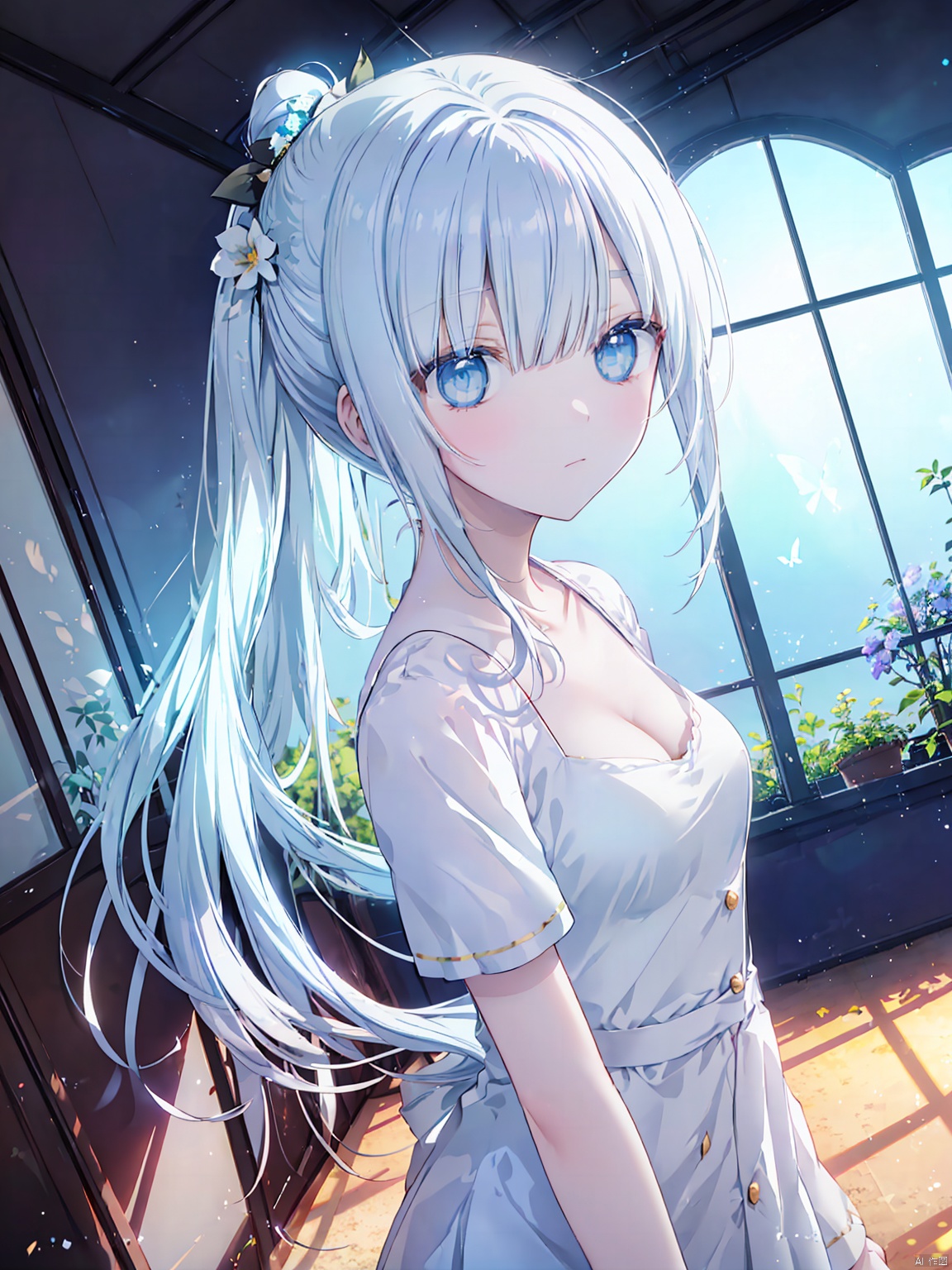 wide shot,(depth of field),global illumination,soft shadows,grand scene,backlight,lens flare,((colorful refraction)),((cinematic lighting)),in the market,from side,looking outside,with butterfly,1girl with sliver long hair and blue aqua eyes,hair flowers,hime cut,sunlight,blurry background,blurry,white dress,
