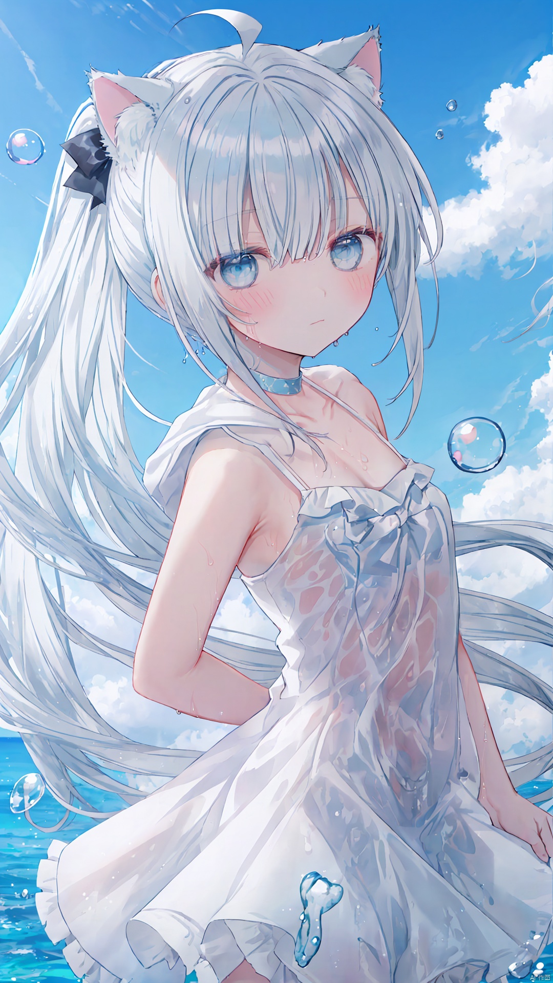 ((best quality)),  ((masterpiece)),  ((ultra-detailed)),  (illustration),  (detailed light),  (an extremely delicate and beautiful),  ((masterpiece),  illustration,  (best quality), ginka (painting),  (backlighting:1.1),  (Floating bubbles:1.3),  (Beautiful Sky:1.15),  cumulusm\(append\),  (1girl,  solo,  animal ears,  outdoors,  dress,  bow,  long hair,  ocean,  cloud,  blue eyes,  twintails,  sky,  hair bow,  sleeveless dress,  looking at viewer,  ahoge,  platinum blonde hair,  cat ears,  blue bow,  bangs,  day,  animal ear fluff,  sleeveless,  white dress,  horizon,  closed mouth,  hair between eyes,  bare shoulders,  blue sky,  blush,  breasts,  looking to the side,  very long hair,  water,  bird,  cloudy sky,  choker,  upper body,  bare arms,  small breasts,  beach,  looking back,  frills,  frilled dress:1.2),  (looking at viewer:1.1),  (full body),  solo,  (translucent body:1.15),  expressionless,  (light blue eyes:1.2),  Delicate eyes,  (pink four petal flower hair ornament1.15).(white four petal flower hair ornament1.15),  (flat chested:1.5),  (Nipples:0.85),  Standing position,  (wet body:1.3),  (pony-tail),  messy hair,  (thick hair:1.2),  (very long hair:1.2),  (Floating hair:1.2),  long bangs,  (Silver hair:1.2)(slime skin:1.2),  hood,  hood up,  (slime clothes:1.2),  liquid skin,  melting body,  (White Puff Sleeve Dress:1.2):1.2),  cute face,  upper body,  two legs,  long dress,  (beautiful detailed eyes),  stars in the eyes,  messy floating hair,  colored inner hair,  Starry sky adorns hair,  (lots_of_big_colorful_Bubble),  [pearl],  [Galaxy],  depth of field
