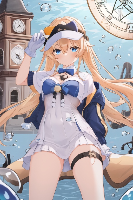 1girl,air bubble,blue bowtie,blue eyes,bow,bubble,card \(medium\),clock,clock tower,compass,constellation,eyebrows visible through hair,gears,gloves,hair between eyes,hat,hexagram,jacket,looking at viewer,magic circle,pocket watch,roman numeral,thigh strap,tower,underwater,watch,weighing scale,white skirt,small_breasts,nipples,areola,<lora:工装米雪儿1:0.5>,<lora:睡衣米雪儿1:0.5>,top-down_bottom-up,arched_back,spread legs,folded,