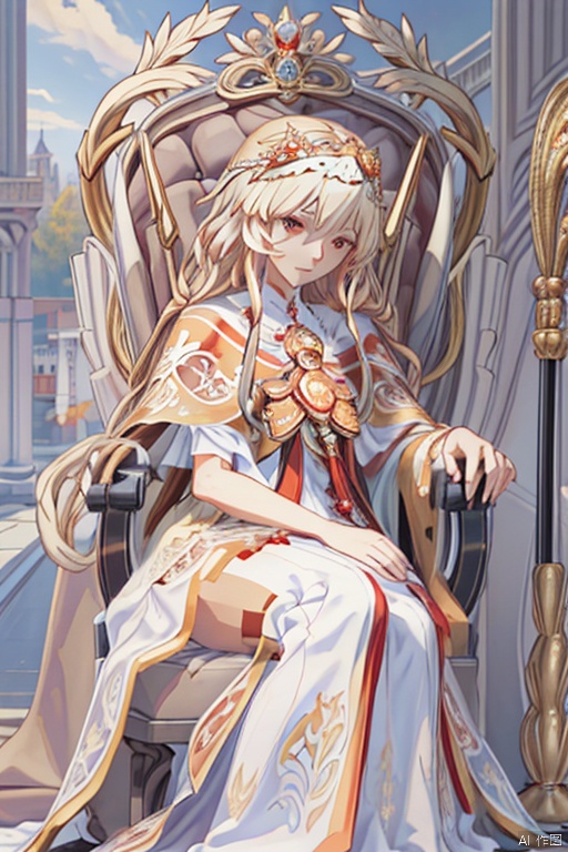 (masterpiece, best quality), 1girl, solo, (the empress:1.15), platinum blonde, long hair, (red cape), Curtain, white dress, queen dress, aurora, (sunshine, sky, river, forest), expressionless, red eyes, very long hair, (art nouveau:1.2), alphonse mucha, tiara, (face focus, upper body), sit, (red throne:1.12), tiara, crossing legs, highly intricate details, realistic light, smile
