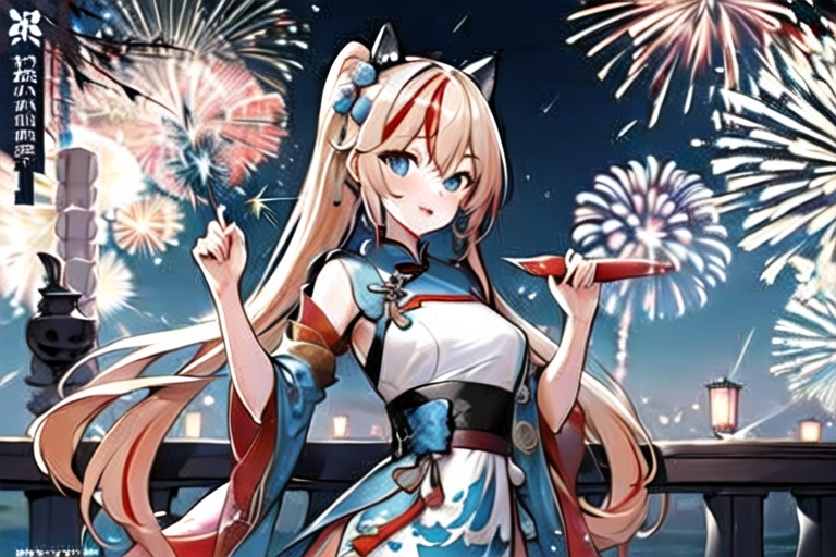cityscape,wide_shot,new year,starry_sky,night_sky,outdoors,meteor shower,huge filesize,artbook,happy_new_year,posing,1girl,solo,bishoujo,idol,female,teenager,early ****,glamor,slender,streaked hair,blue eyes,(slit_pupils:0.7),(heterochromia:0.7),small_breasts,narrow_waist,handrail,在高楼上,aerial fireworks,panorama,fireworks,lantern festival,((wash painting)),((ink s...)),outside_border,cosplay,east asian architecture,chinese_style_loft,traditional_chinese_room,hanfu,tang style outfits,<lora:hanfuTang_v32:0.7>,starry sky,nature,summer festival,holding_candy,leaning_forward,feeding,gohei,market stall,street,road,night,stars,hyper_galaxy,mid-autumn festival,valentine,wallpaper,incredibly absurdres,illustration,landscape,close-up,fisheye,hanfu,song style outfits,<lora:hanfuSong_v31:0.7>,hanfu,ming style outfits,<lora:hanfuMing_v31:0.7>,dynamic angle,finely detail,(bloom),(shine),glinting stars,((((best detailed fireworks)))),(((hanabi))),(((backlight))),happy,Tsundere,endured_face,chasing,hair_tucking,candy_apple,lantern,banner,absurdres,full_shot,<lora:mixueer-000006:0.8>,