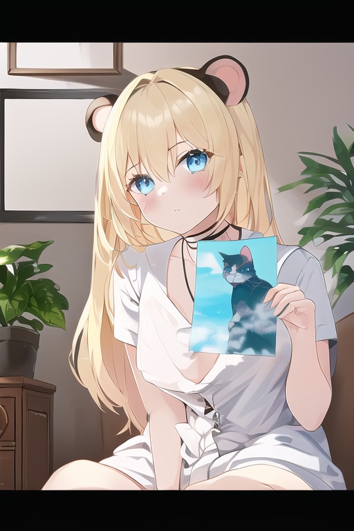 letterboxed,stuffed_animal,stuffed_toy,1girl,teddy_bear,photo_\(object\),blue_eyes,blonde_hair,solo,picture_frame,choker,plant,long_hair,sitting,stuffed_cat,painting_\(object\),indoors,potted_plant,picture_\(object\),poster_\(object\),calendar_\(object\),<lora:20231209-1702086181282-0007:1>,small_breasts,nipples,areola,no bra,
