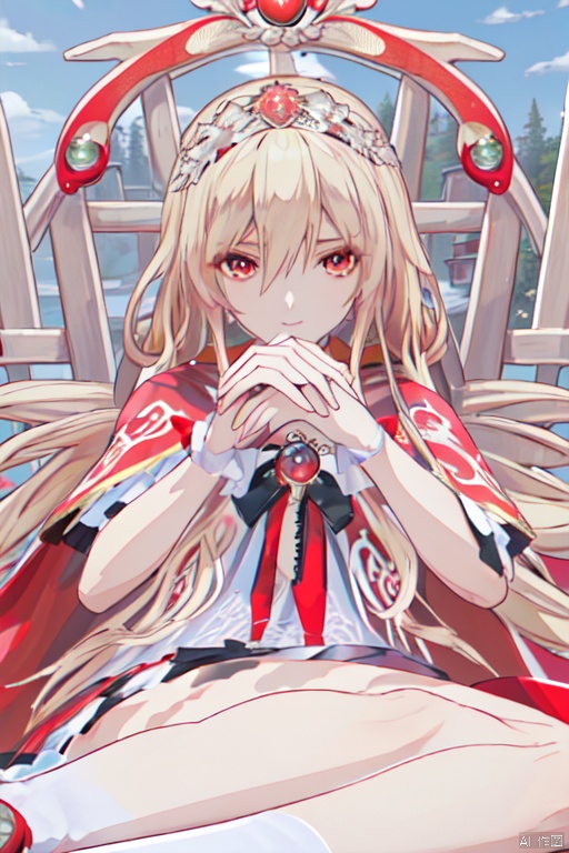 (masterpiece, best quality), 1girl, solo, (the empress:1.15), platinum blonde, long hair, (red cape), Curtain, white dress, queen dress, aurora, (sunshine, sky, river, forest), expressionless, red eyes, very long hair, (art nouveau:1.2), alphonse mucha, tiara, (face focus, upper body), sit, (red throne:1.12), tiara, crossing legs, highly intricate details, realistic light, smile