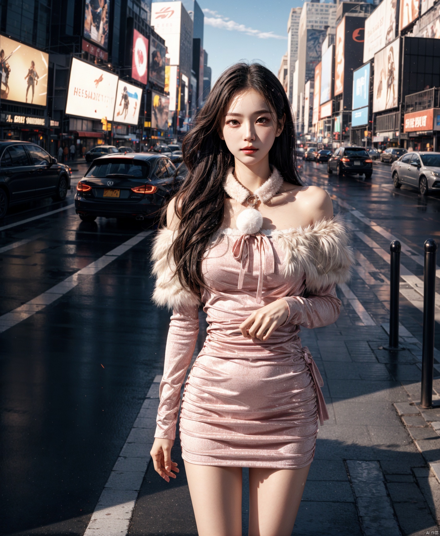 1girl,collar, expose belly,Best Quality, Masterpiece, Ultra High Resolution, (Realisticity:1.4), Original Photo, Cinematic Lighting,tsuyuka \(sunny spot\),1girl, thigh,street, after rain, wet, (deserted street:1.4), crossroads, zebra crossing, times square, new york, raytraced reflection, dynamic Angle, (bokeh:1.2), depth of field, incredible sky, (aesthetics and atmosphere:1.2),  dress, fur-trimmed collar, dress, fur-trimmed collar,cute girl