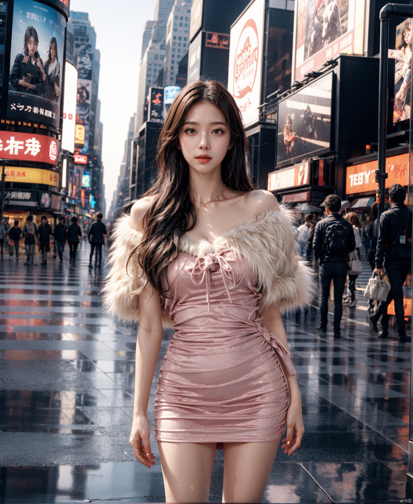  1girl,collar, expose belly,Best Quality, Masterpiece, Ultra High Resolution, (Realisticity:1.4), Original Photo, Cinematic Lighting,tsuyuka \(sunny spot\),1girl, thigh,street, after rain, wet, (deserted street:1.4), crossroads, zebra crossing, times square, new york, raytraced reflection, dynamic Angle, (bokeh:1.2), depth of field, incredible sky, (aesthetics and atmosphere:1.2),  dress, fur-trimmed collar, dress, fur-trimmed collar,cute girl