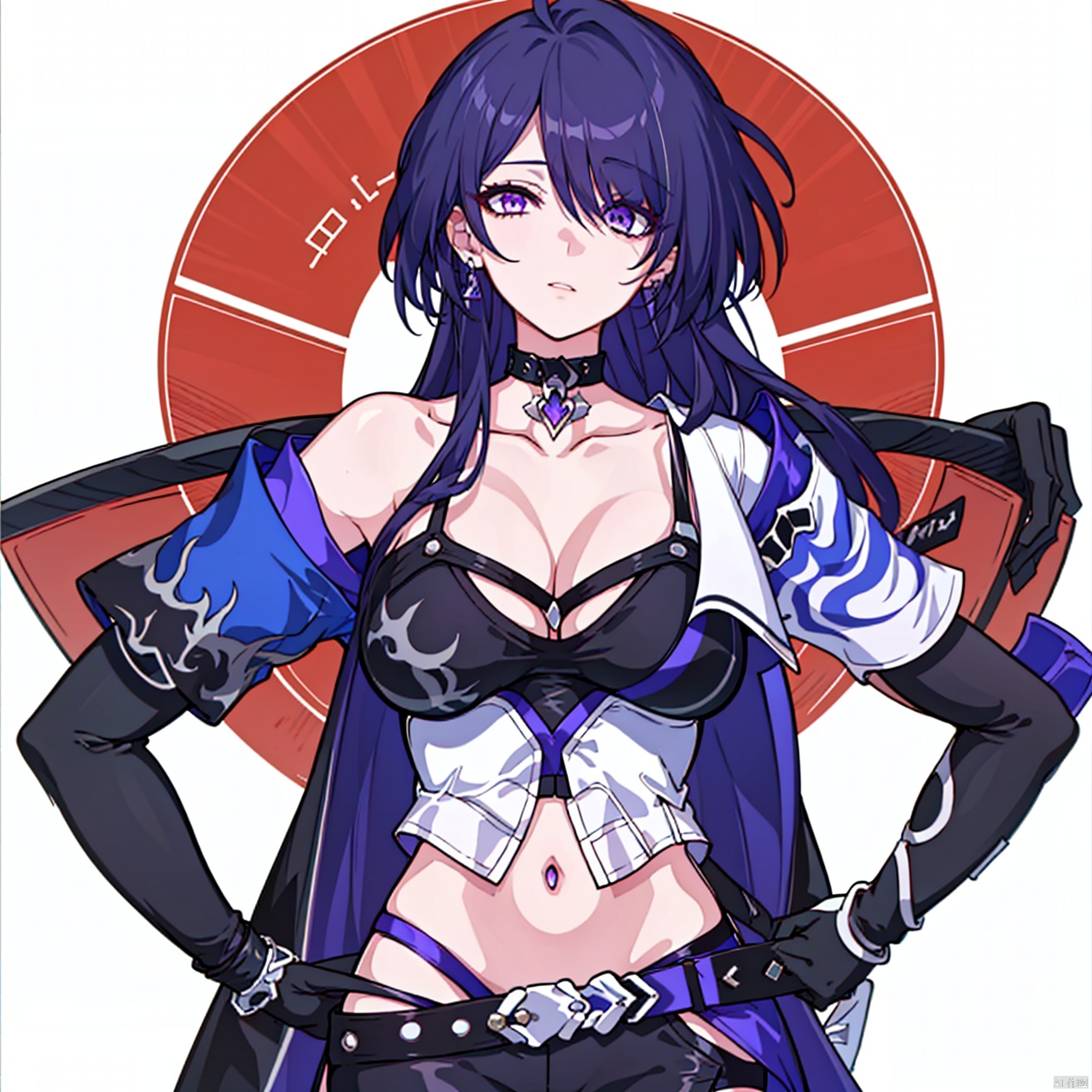  (masterpiece:1.3),(the best quality:1.2),(super fine illustrations:1.2),(Masterpiece),high quality,high detail,(white background:1.2),looking at viewer,(SOLO:1.4),outline,simple background,fullbody,, katana,hair ornament,blue fire,black legwear,armor,tattoo,elbow gloves,thighhighs,short shorts,off shoulder,bare shoulders,puffy sleeves,torn clothes,full body,boots,black shorts,black gloves,bangs,black choker,long hair,earrings,jewelry,collarbone,cleavage,breasts,short hair,choker,purple hair,purple eyes,1girl,((((hair over one eye,))))