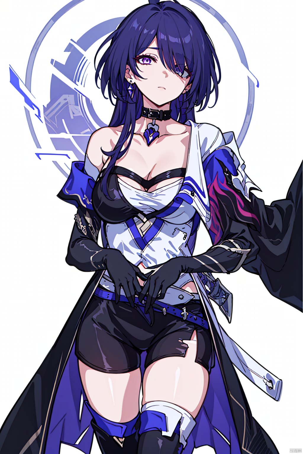  (masterpiece:1.3),(the best quality:1.2),(super fine illustrations:1.2),(Masterpiece),high quality,high detail,(white background:1.2),looking at viewer,(SOLO:1.4),outline,simple background,fullbody,, katana,hair ornament,blue fire,black legwear,armor,tattoo,elbow gloves,thighhighs,short shorts,off shoulder,bare shoulders,puffy sleeves,torn clothes,full body,boots,black shorts,black gloves,bangs,black choker,long hair,earrings,jewelry,collarbone,cleavage,breasts,short hair,choker,purple hair,purple eyes,1girl,((((hair over one eye,))))