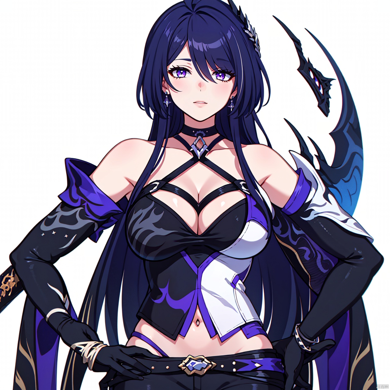  (masterpiece:1.3),(the best quality:1.2),(super fine illustrations:1.2),(Masterpiece),high quality,high detail,(white background:1.2),looking at viewer,(SOLO:1.4),outline,simple background,fullbody,, katana,hair ornament,blue fire,black legwear,armor,tattoo,elbow gloves,thighhighs,short shorts,off shoulder,bare shoulders,puffy sleeves,torn clothes,full body,boots,black shorts,black gloves,bangs,black choker,long hair,earrings,jewelry,collarbone,cleavage,breasts,short hair,choker,purple hair,purple eyes,1girl,hair over one eye,