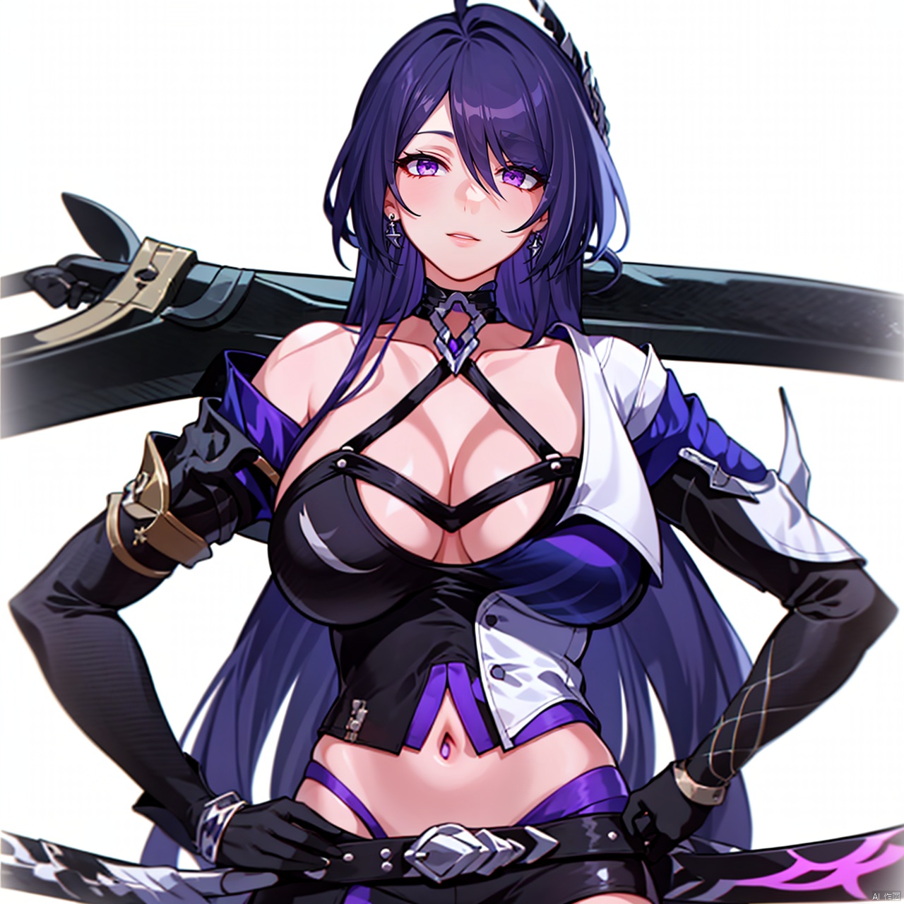  (masterpiece:1.3),(the best quality:1.2),(super fine illustrations:1.2),(Masterpiece),high quality,high detail,(white background:1.2),looking at viewer,(SOLO:1.4),outline,simple background,fullbody,, katana,hair ornament,blue fire,black legwear,armor,tattoo,elbow gloves,thighhighs,short shorts,off shoulder,bare shoulders,puffy sleeves,torn clothes,full body,boots,black shorts,black gloves,bangs,black choker,long hair,earrings,jewelry,collarbone,cleavage,breasts,short hair,choker,purple hair,purple eyes,1girl,hair over one eye,