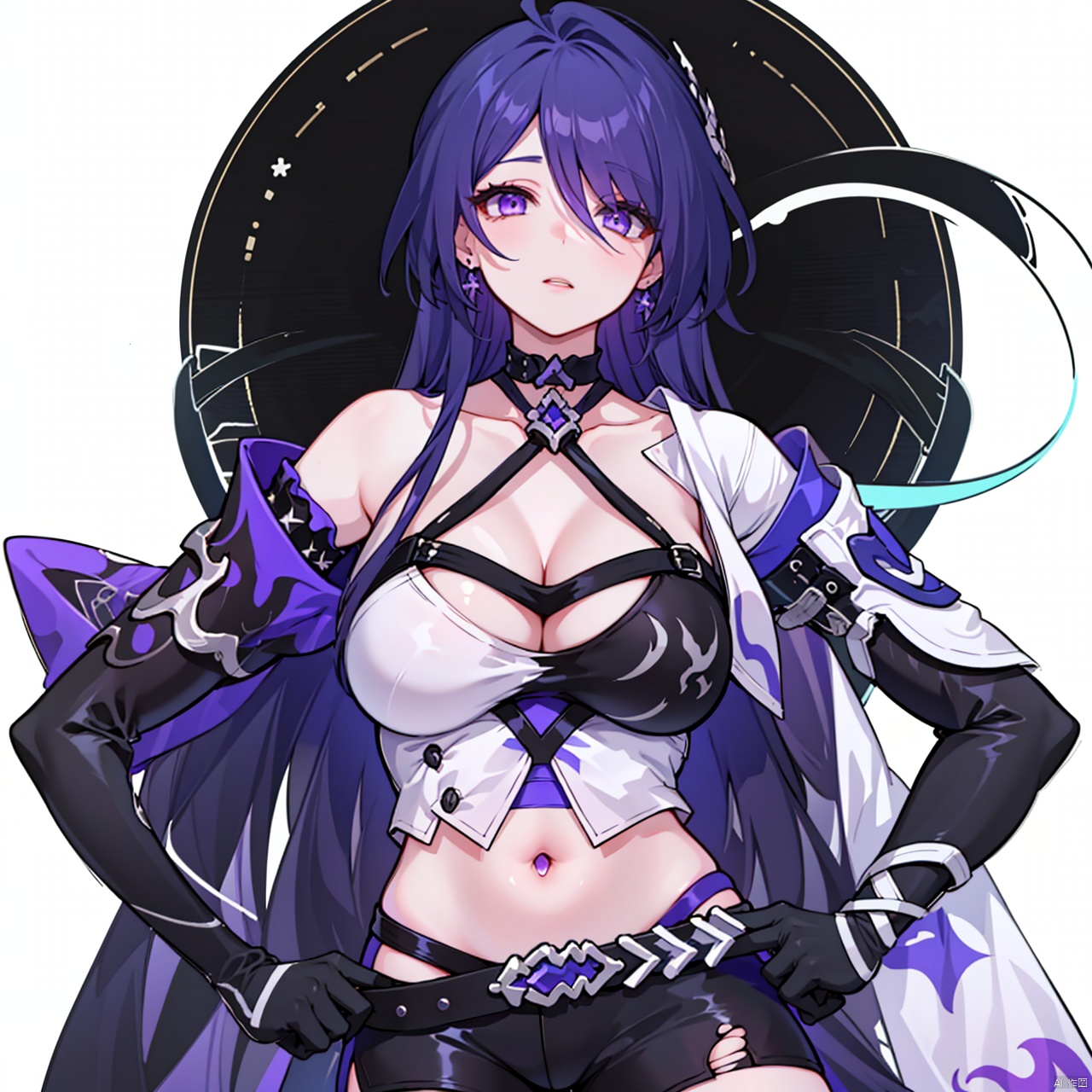  (masterpiece:1.3),(the best quality:1.2),(super fine illustrations:1.2),(Masterpiece),high quality,high detail,(white background:1.2),looking at viewer,(SOLO:1.4),outline,simple background,fullbody,, katana,hair ornament,blue fire,black legwear,armor,tattoo,elbow gloves,thighhighs,short shorts,off shoulder,bare shoulders,puffy sleeves,torn clothes,full body,boots,black shorts,black gloves,bangs,black choker,long hair,earrings,jewelry,collarbone,cleavage,breasts,short hair,choker,purple hair,purple eyes,1girl,hair over one eye,