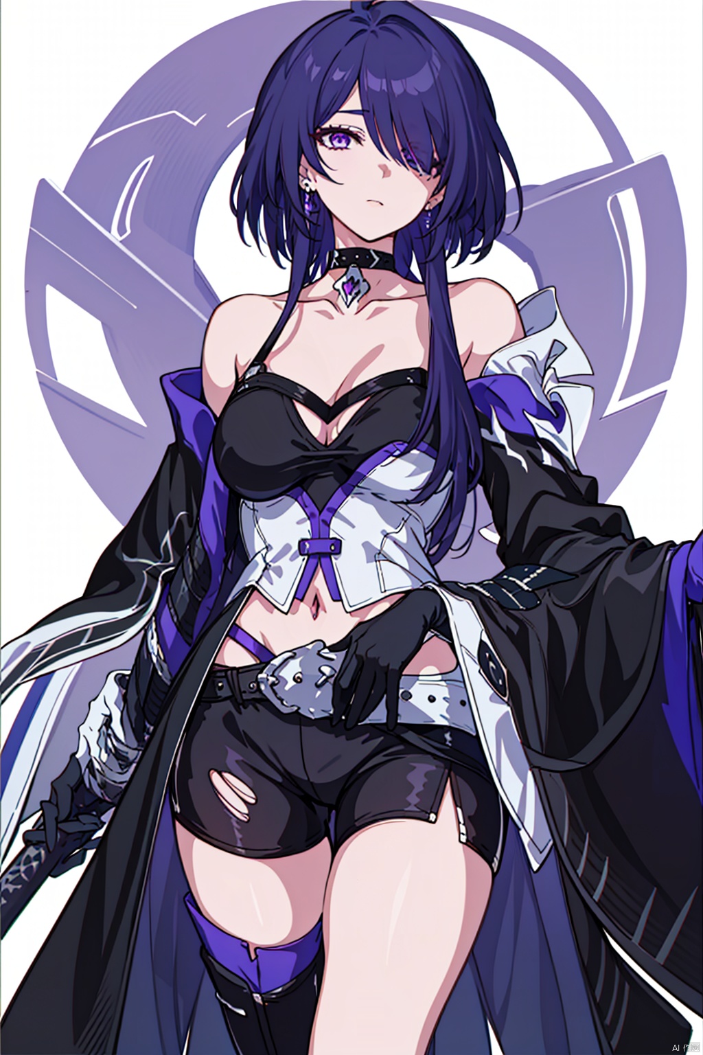  (masterpiece:1.3),(the best quality:1.2),(super fine illustrations:1.2),(Masterpiece),high quality,high detail,(white background:1.2),looking at viewer,(SOLO:1.4),outline,simple background,fullbody,, katana,hair ornament,blue fire,black legwear,armor,tattoo,elbow gloves,thighhighs,short shorts,off shoulder,bare shoulders,puffy sleeves,torn clothes,full body,boots,black shorts,black gloves,bangs,black choker,long hair,earrings,jewelry,collarbone,cleavage,breasts,short hair,choker,purple hair,purple eyes,1girl,((((hair over one eye,))))