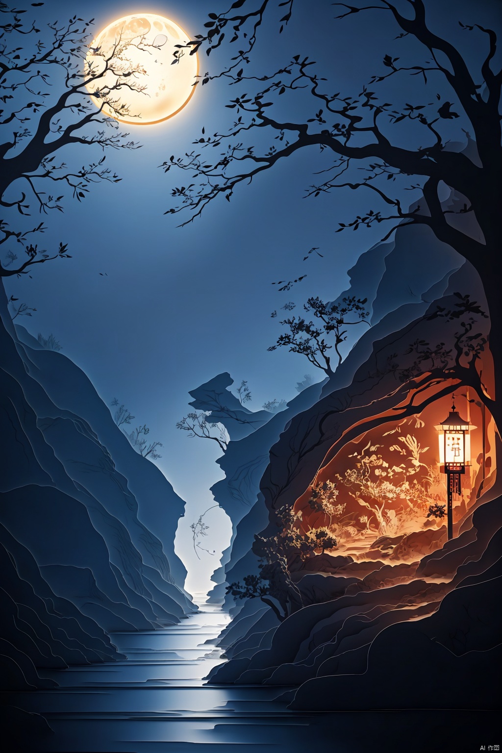 Flat and Zen Chinese lllustration style,moutain,river,tree,moon,night,blue theme