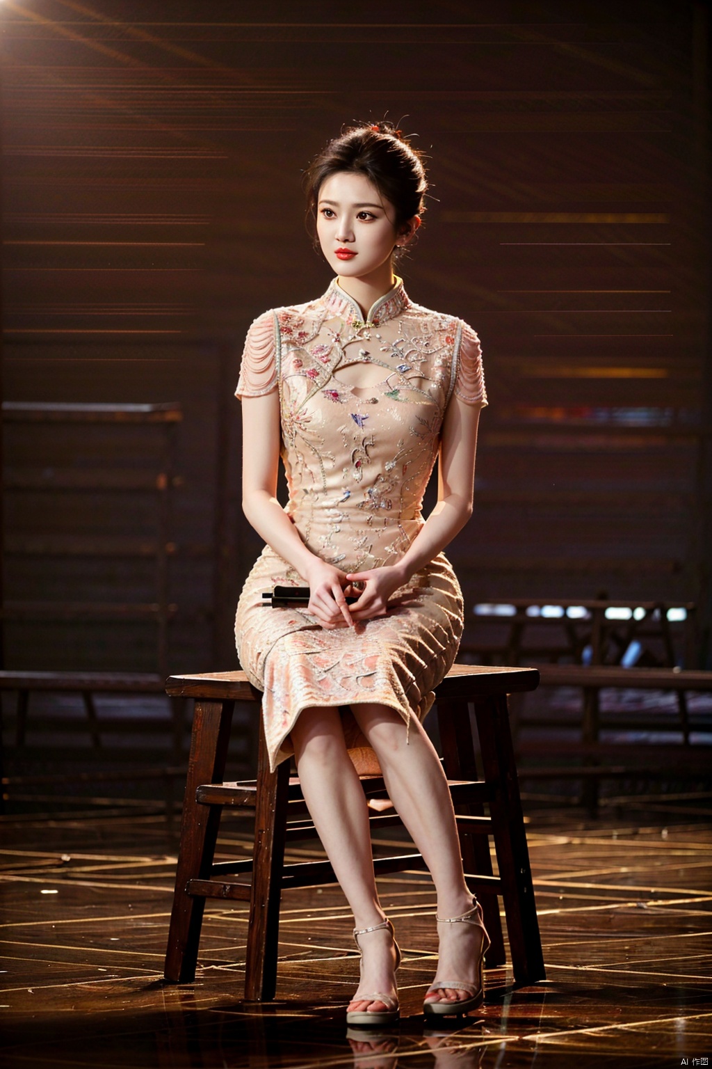 (1girl:1.3), (best quality, masterpiece, ultra high resolution),(photorealistic:1.3), (realistic:1.3), depth of field,(full body:1.2), (outdoors:1.2), (day:1.2), (cinematic lighting:1.2), (near:1.2), facing to camera, upper body, qipao, sitting