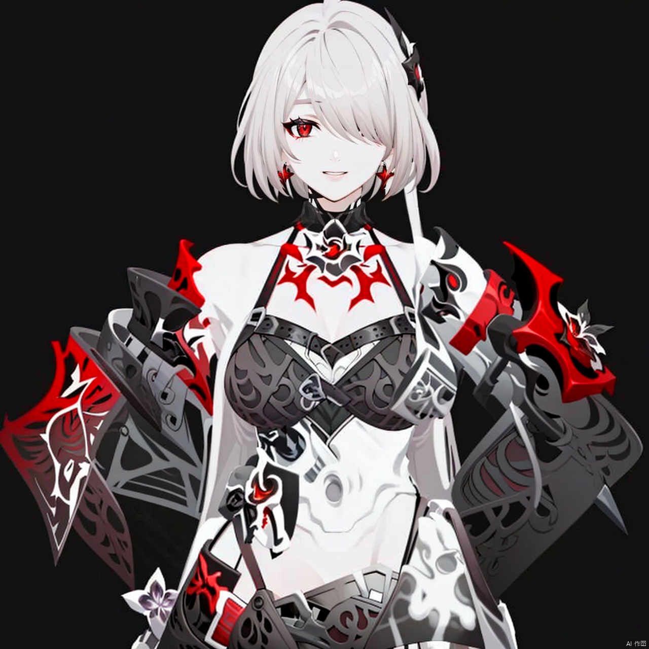  (masterpiece:1.3),(the best quality:1.2),(super fine illustrations:1.2),(Masterpiece),high quality,high detail,(white background:1.2),looking at viewer,(SOLO:1.4),outline,simple background,fullbody,, blood,navel,midriff,katana,hair ornament,blue fire,black legwear,armor,tattoo,elbow gloves,thighhighs,short shorts,off shoulder,bare shoulders,puffy sleeves,torn clothes,full body,boots,black shorts,black gloves,bangs,black choker,long hair,earrings,jewelry,collarbone,cleavage,breasts,short hair,choker,white hair,red eyes,1girl,hair over one eye,