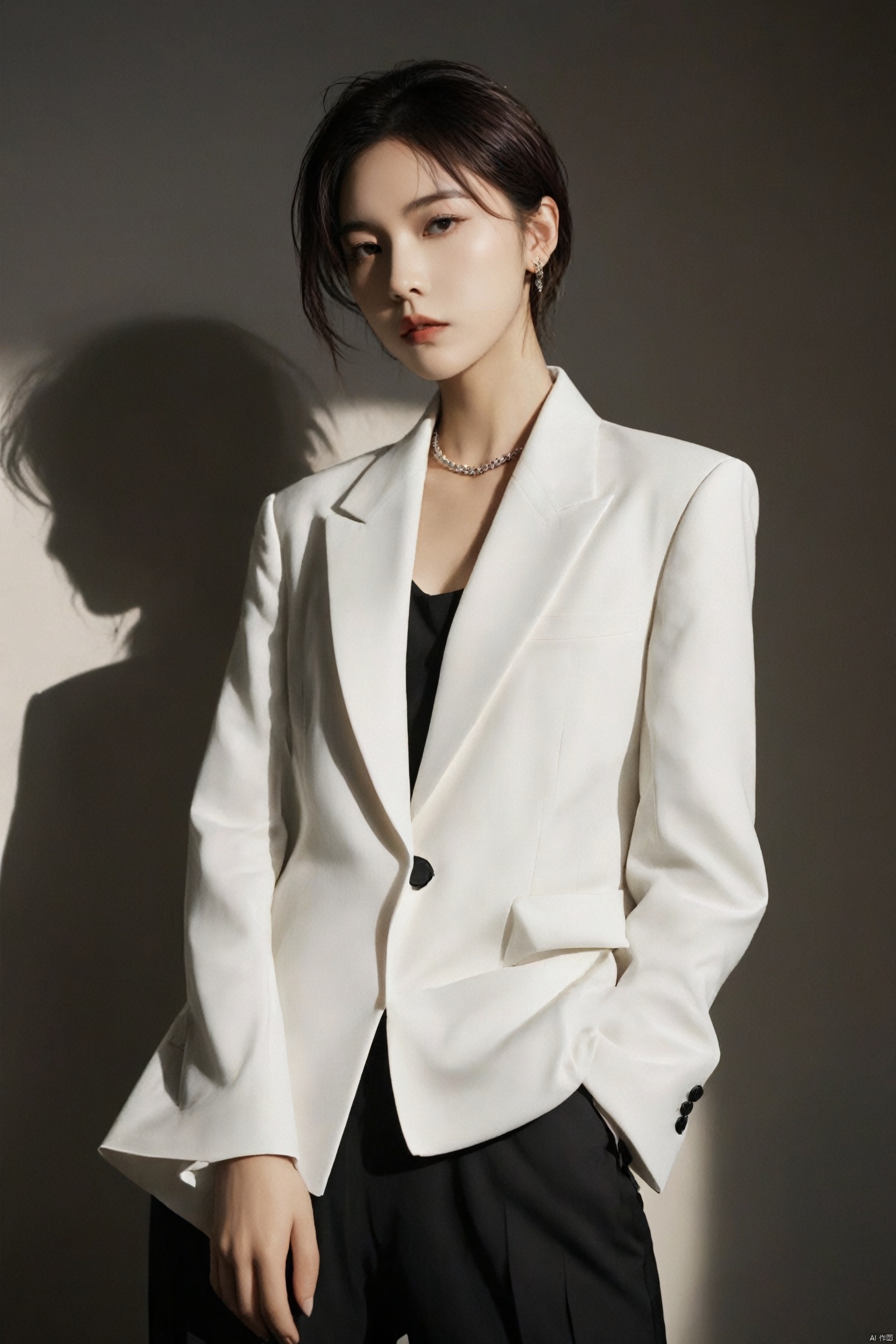  (((magazine cover: 1.4641))), magazine cover, poster, 1girl, full_body_shot, photography_studio, dramatic_photoshoot, high_contrast_lighting, dark_background, androgynous_style, tailored_suit, crisp_white_shirt, black_tie, fitted_jacket, wide_leg_pants, sleek_ankle_boots, slicked_back_hair, bold_eyebrow_arch, smoky_eyes_makeup, minimalist_jewelry, power_pose, hands_in_pockets, sharp_profile, standing_on_platform, strong_posture, shoulders_back, textured_fabric, clean_lines, buttoned_up_look, deep_gaze, fashion_forward, contemporary_portrait, cinematic_lighting, dynamic_shadows, modern_fashion_photography