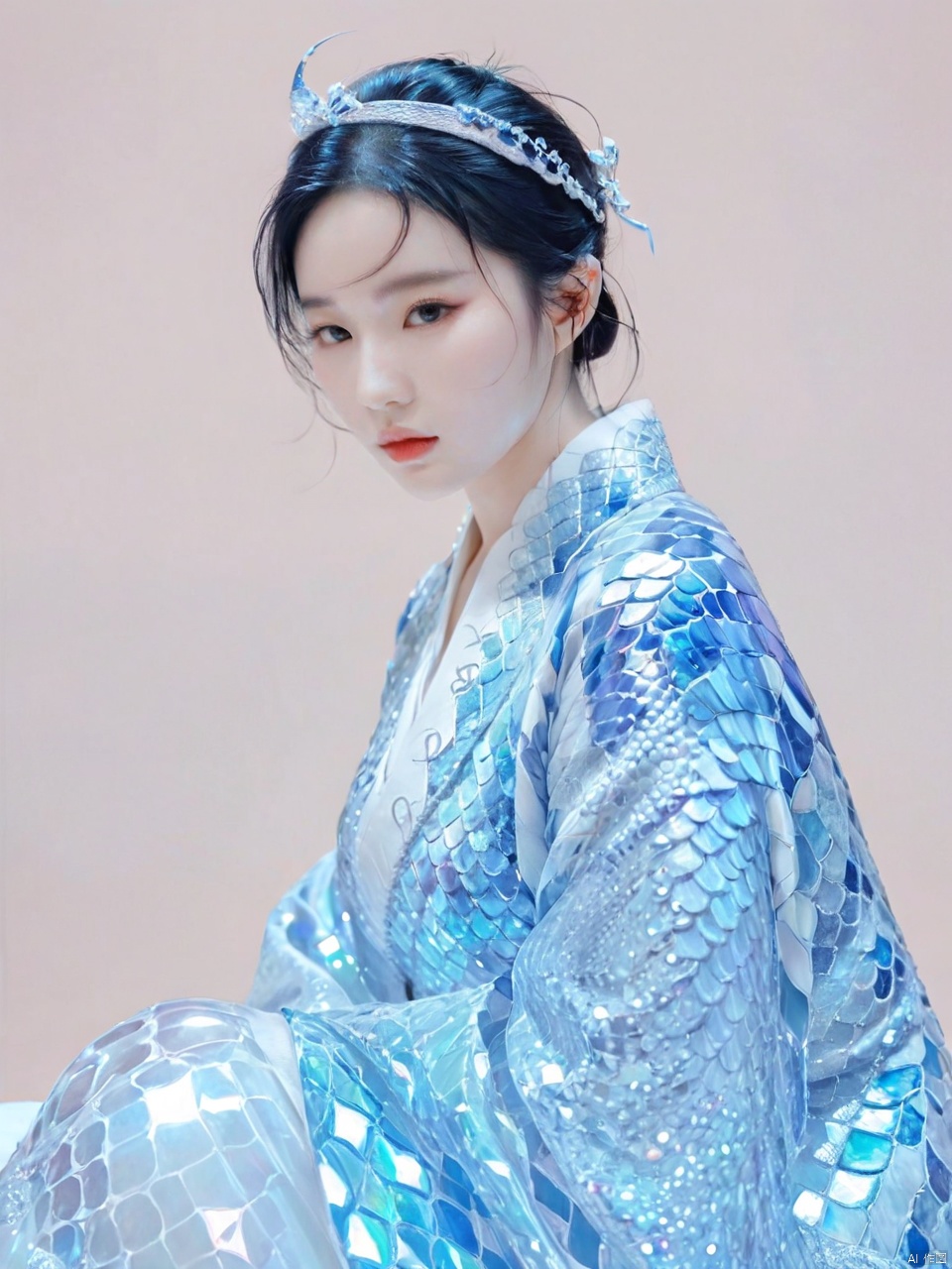  Transparent blue and white porcelain PVC skin, transparent blue and white porcelain colored skin scales, prisms, holography, color difference, fashion illustrations, masterpieces, Chinese dragon and Harajuku fashion, looking at the audience, 8k, super detailed, pixiv