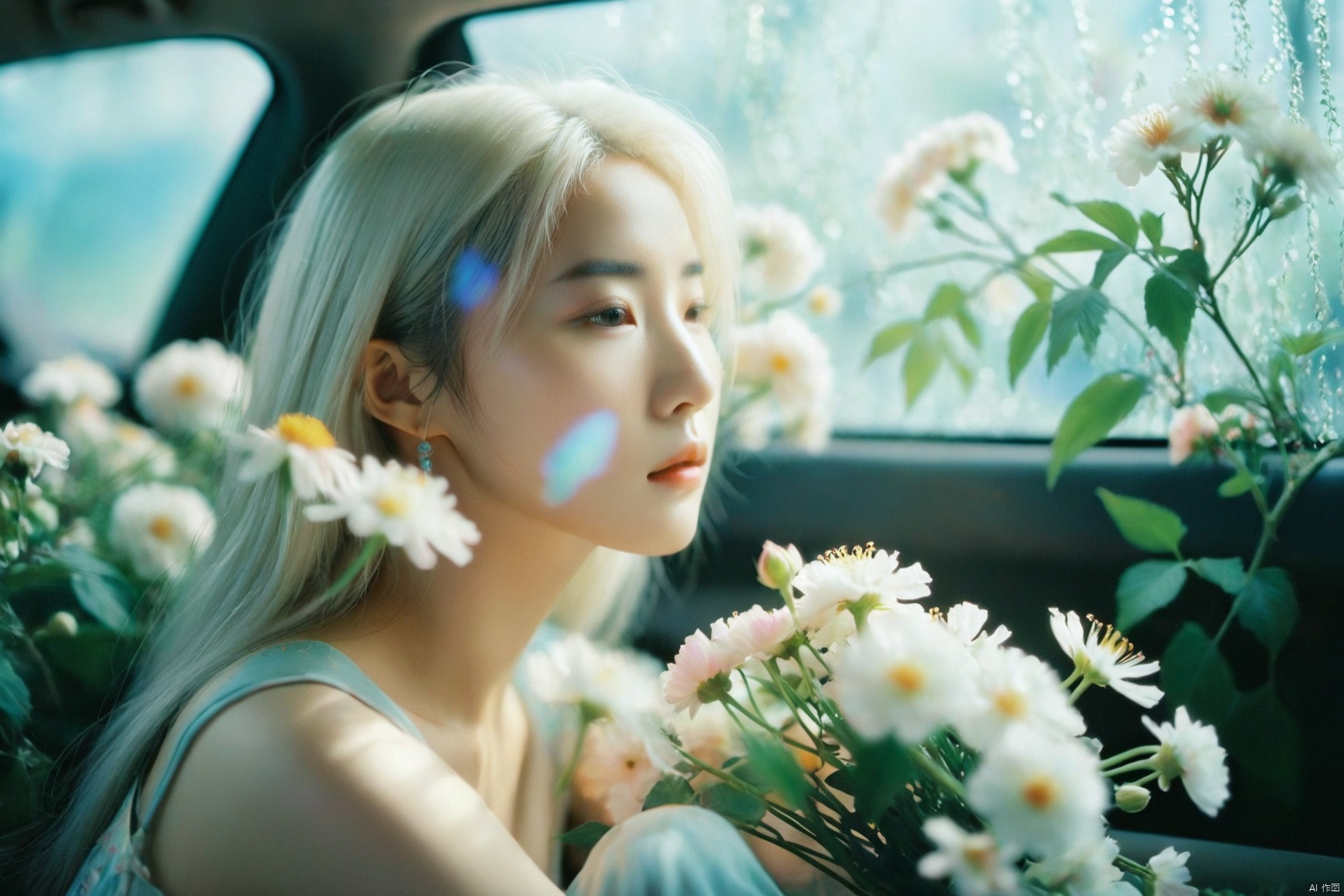  breathtaking ethereal fantasy concept art of cinematic film still,chinese girl,a girl with white hair sitting in car filled with flowers,art by Rinko Kawauchi,in the style of naturalistic poses,vacation dadcore,youth fulenergy,a cool expression,body extensions,flowersin the sky,****og film,super detail,dreamy lofi photography,colourful,covered in flowers andvines,Inside view,shot on fujifilm XT4 . shallow depth of field,vignette,highly detailed,high budget,bokeh,cinemascope,moody,epic,gorgeous,film grain,grainy . magnificent,celestial,ethereal,painterly,epic,majestic,magical,fantasy art,cover art,dreamy,monkren, . award-winning, professional, highly detailed, light master, monkren, sunlight, liu yifei