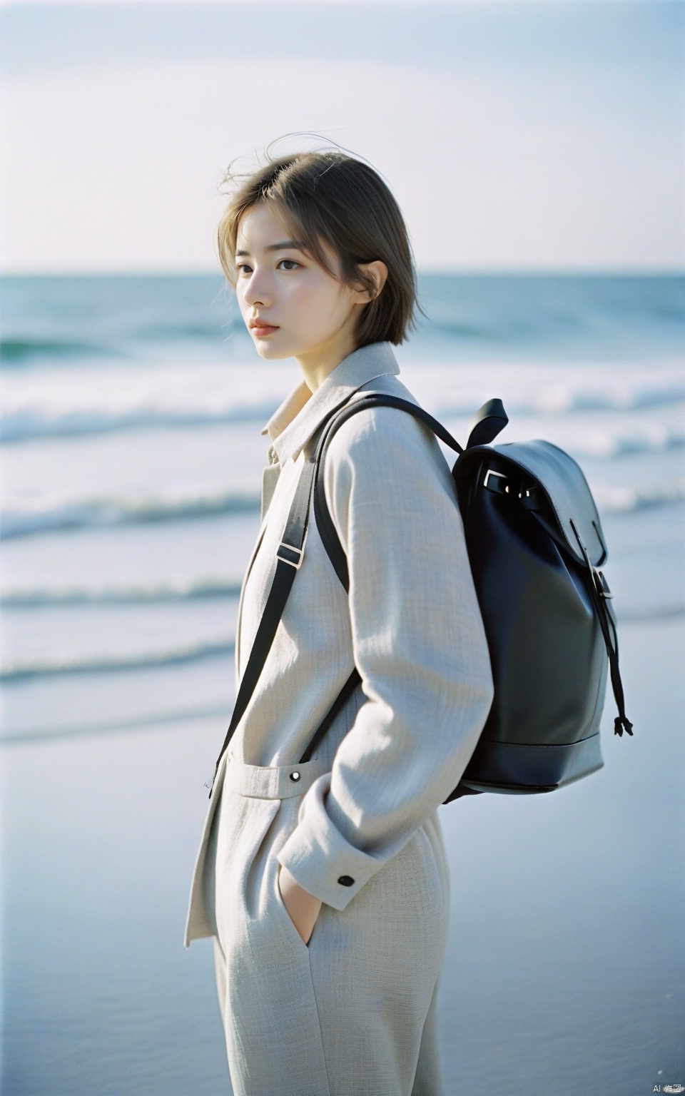  masterpiece, high quality, 1 young girl, short linen hair, light gray sport suit, black backpack, full body, seaside, winter,photo_(medium),analog film,