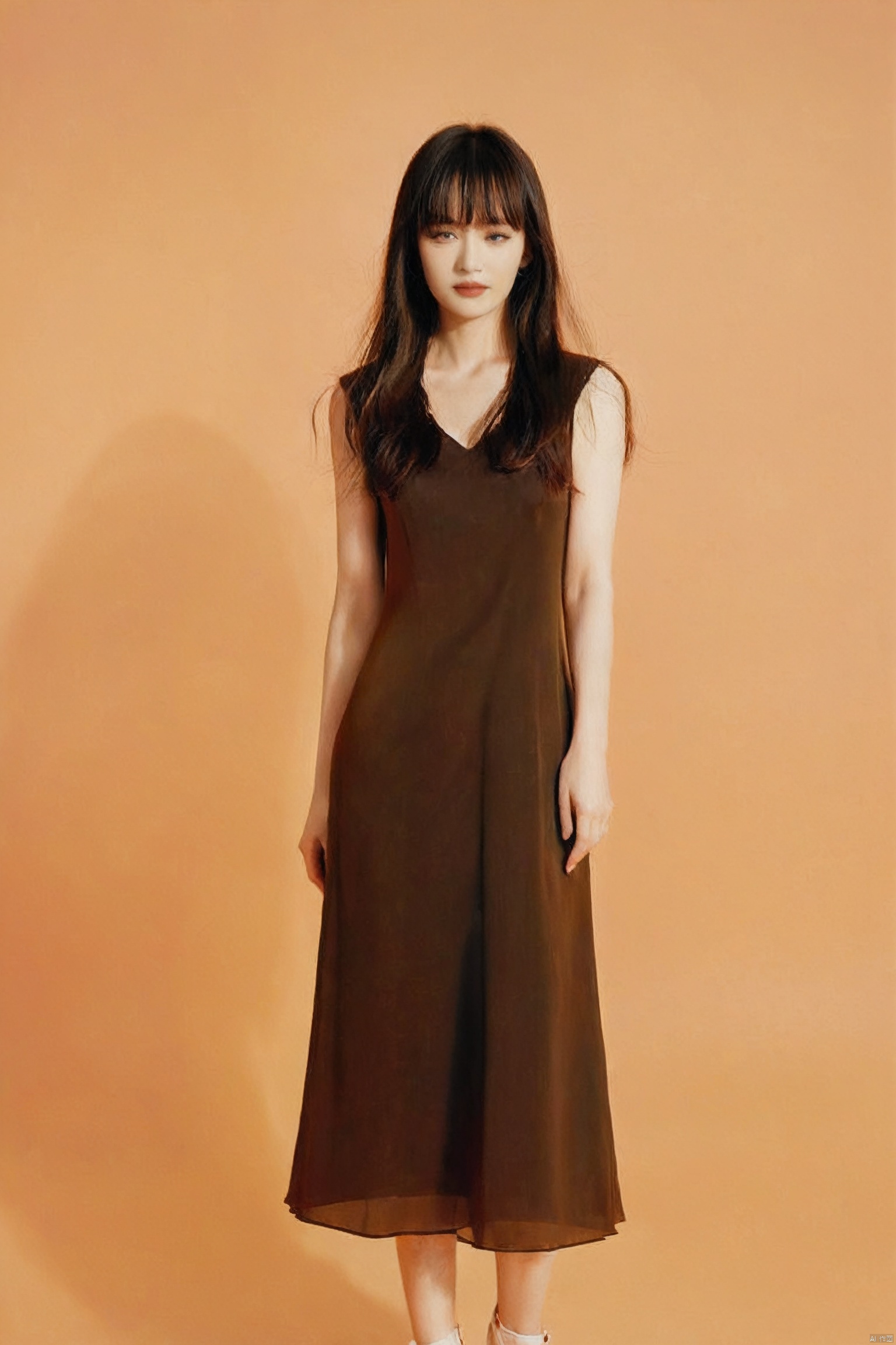  1girl,hair with bangs,black long dress,orange background, sunlight, monkren, yangmi