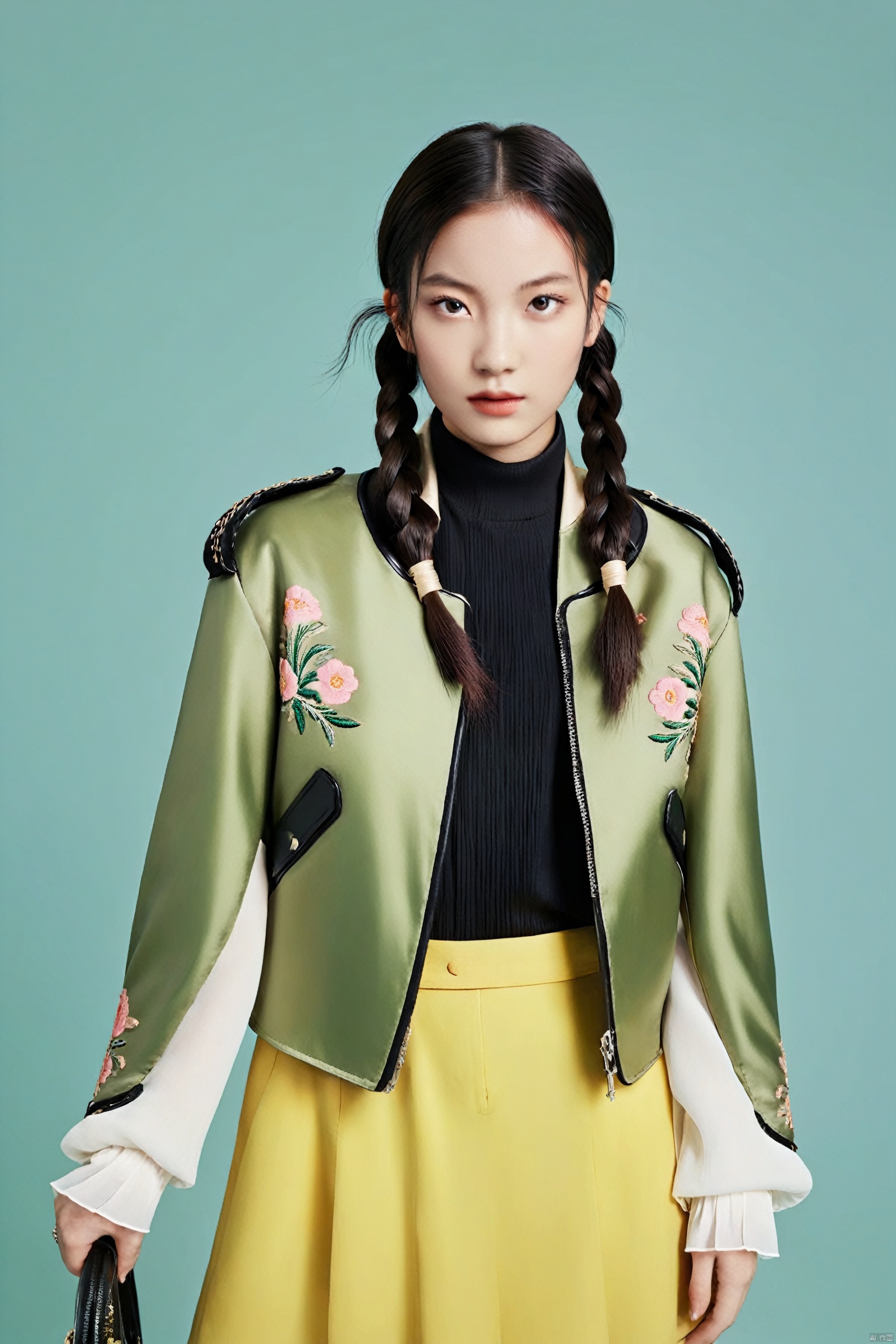  An edgy of a model with sleek ebony twin drill pigtails, kohl-rimmed aquamarine eyes staring intensely, dressed in a black Louis Vuitton motorcycle jacket with embroidered floral accents and silk scarf. Three-point lighting pops against the muted olive background, revealing fashion forward styling and lavish fabric textures.Chinese,cowboy_shot,lyf