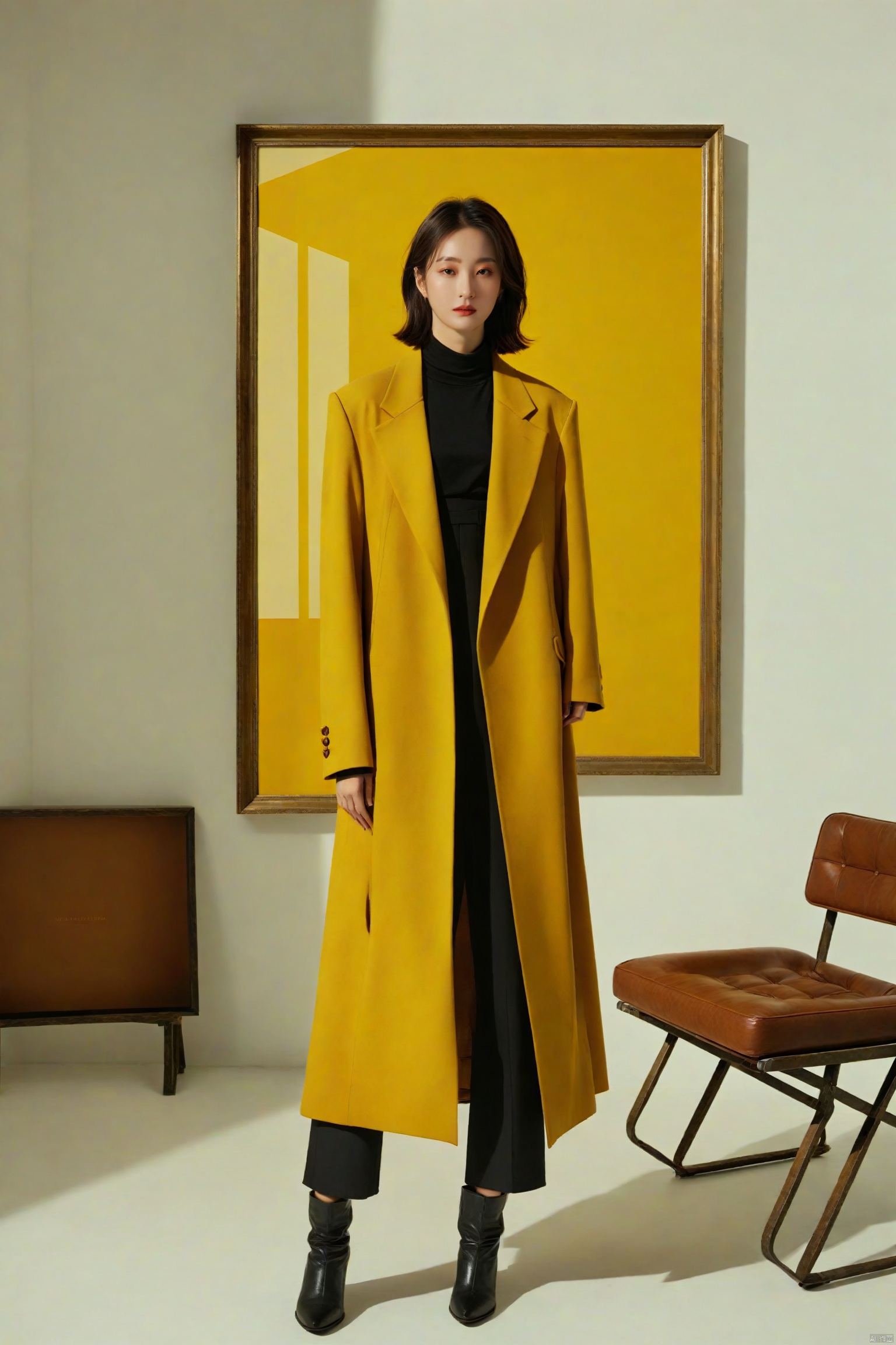  Fashion editorial style Visualize a film scene where minimalist style meets a high-end cinematic vibe. The setting is an art studio with anindustrial design,characterized by its spaciousness and minimalist decor,The girl,the main character,stands amidst her artwork,herigure framed by the clean,geometric lines of the studio. She is dressed in a simple vet fashionable attire,reflecting her artistic nature,The scene focuses on her interaction with her art,capturing her art,capturing her thoughtful exoresslons in the soft,natural light that fills the room. This scene portrays luxurv through its focus on artistic expression and the understated elegance of the surroundings. high fashion,trendy,stylish,editorial magazine style,professional,highly detailed,full body,,,
