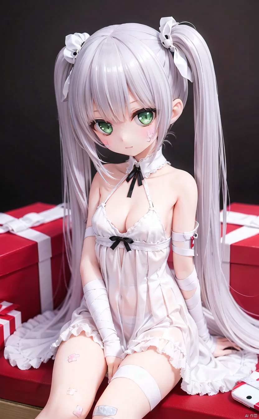 (cowboy shot,very long hair:1),acfd4dd522MI,1girl, solo, long_hair, bandages, bandaid, breasts, gift, looking_at_viewer, dress, gloves, green_eyes, gift_box, bangs, shiny_hair, shiny, sitting, white_dress, cleavage, blush, bare_shoulders, bandaid_on_arm, box, page_number, white_gloves, bandaged_arm, detached_collar, twintails, ribbon, simple_background, small_breasts, closed_mouth, fur_trim