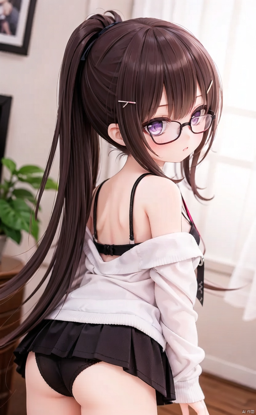 (cowboy shot,very long hair:1),acfd4dd522MI,1girl, glasses, long_hair, brown_hair, shirt, purple_eyes, skirt, bra, ponytail, hair_ornament, white_shirt, solo, underwear, looking_at_viewer, off_shoulder, ass, breasts, indoors, blush, dutch_angle, black_skirt, hairclip, curtains, very_long_hair, black-framed_eyewear, looking_back, bangs, calendar_(object)