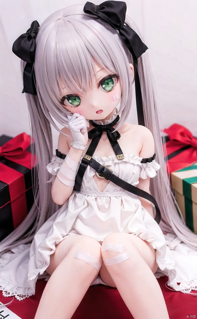 (cowboy shot,very long hair:1),acfd4dd522MI,1girl, bandaid, solo, long_hair, dress, gift, bound, white_dress, ribbon, looking_at_viewer, cuffs, green_eyes, bound_wrists, gloves, bandages, bandaid_on_face, bandaid_on_arm, gift_box, sitting, twintails, white_gloves, blush, handcuffs, bangs, bare_shoulders, hair_ribbon