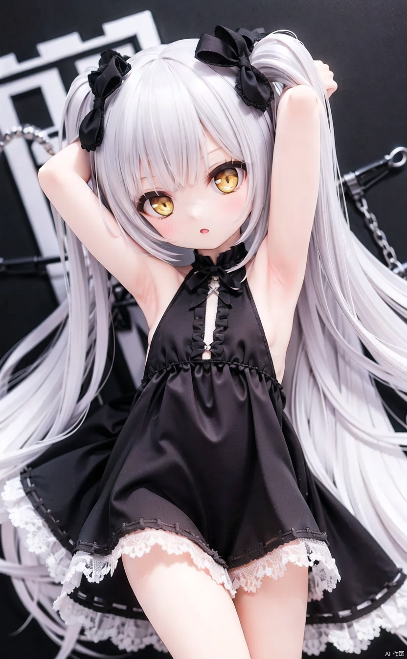 (cowboy shot,very long hair:1),acfd4dd522MI,1girl,solo,dress,black_dress,long_hair,yellow_eyes,looking_at_viewer,wings,ribbon,armpits,arms_up,sleeveless_dress,sleeveless,bangs,twintails,parted_lips,red_ribbon,breasts,bare_shoulders,white_hair,demon_wings,small_breasts,blush,bare_arms,