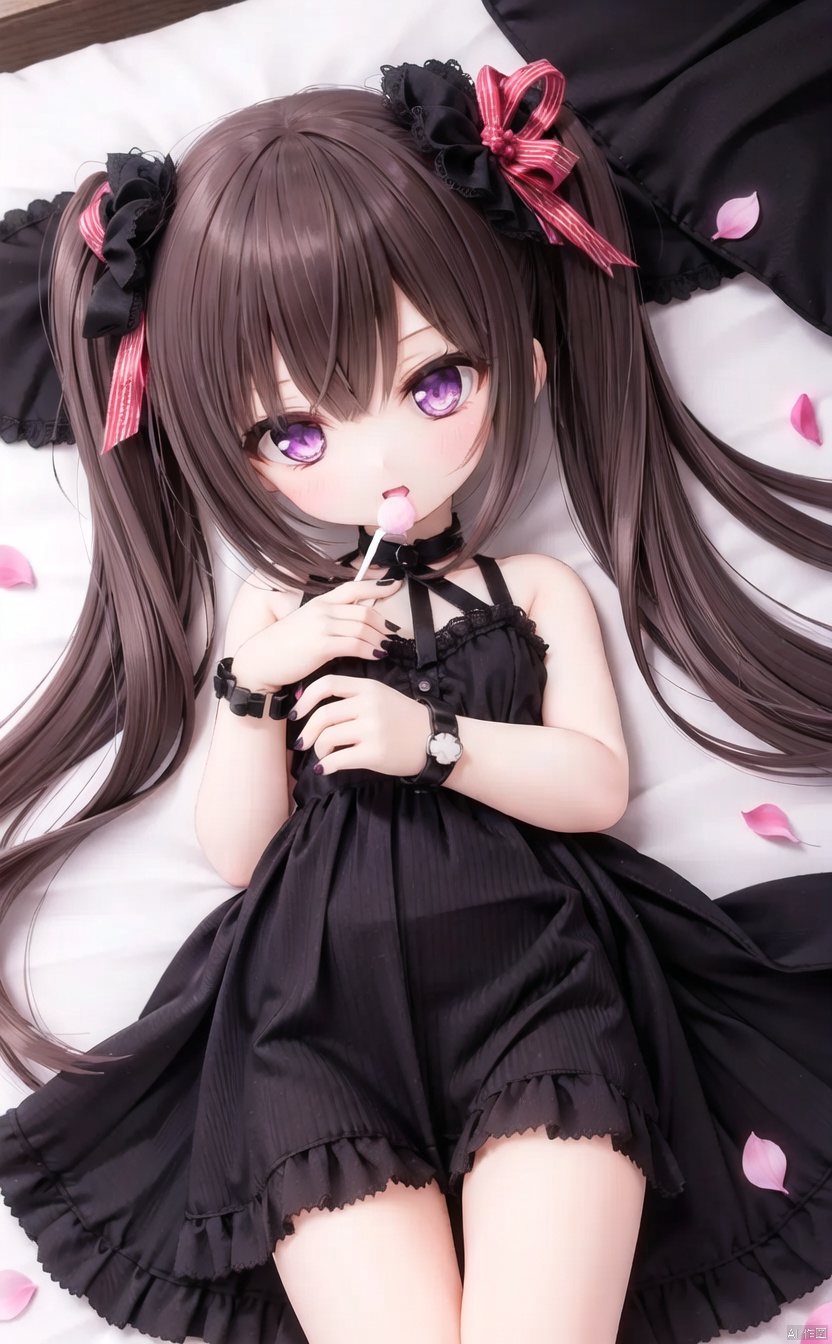 (cowboy shot,very long hair:1),acfd4dd522MI, 1girl, dress, solo, brown_hair, food, black_dress, black_nails, twintails, lying, candy, looking_at_viewer, lollipop, hat, long_hair, on_stomach, purple_eyes, mini_hat, sleeveless, sleeveless_dress, wrist_cuffs, holding, nail_polish, bare_shoulders, holding_food, black_headwear, blush, petals, holding_candy, holding_lollipop, bangs