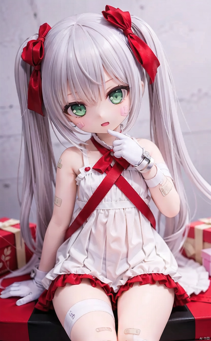 (cowboy shot,very long hair:1),acfd4dd522MI,1girl, bandaid, solo, long_hair, dress, gift, bound, white_dress, ribbon, looking_at_viewer, cuffs, green_eyes, bound_wrists, gloves, bandages, bandaid_on_face, bandaid_on_arm, gift_box, sitting, twintails, white_gloves, blush, handcuffs, bangs, bare_shoulders, hair_ribbon