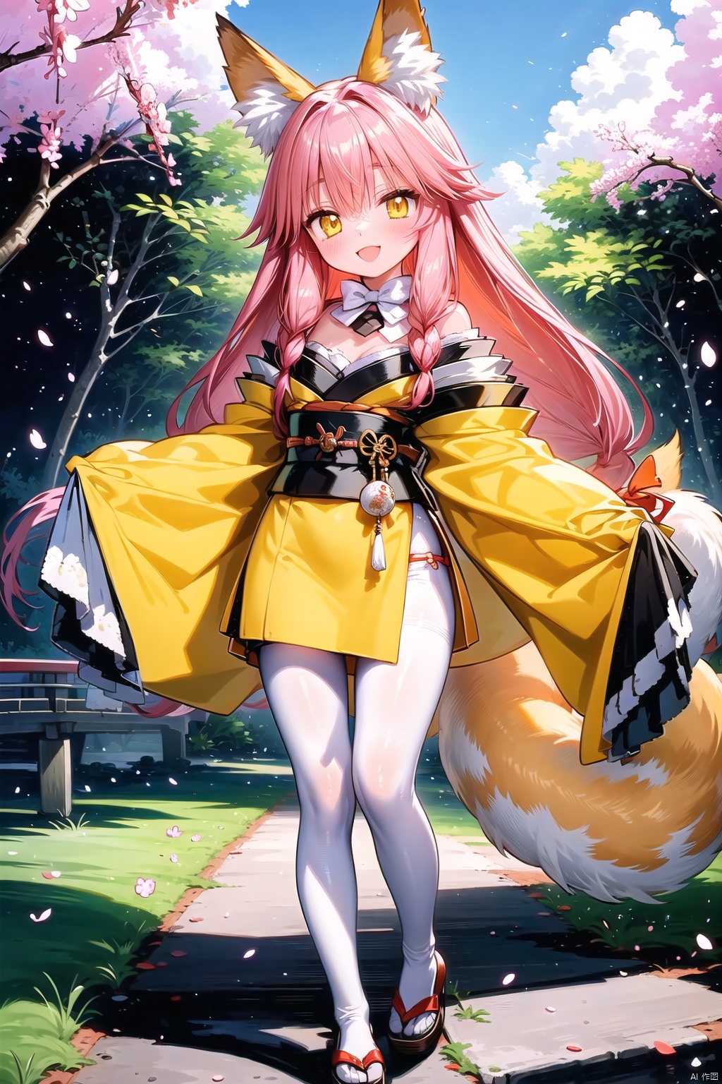 ((best quality)), ((masterpiece)), ((ultra-detailed)), (illustration), (detailed light), (an extremely delicate and beautiful), ((trim)), 1girl, solo, long hair, yellow eyes, animal ears, japanese clothes, tamamo \(fate\), tail, fox ears, looking at viewer, tamamo no mae \(fate/extra\), fox tail, red hair, smile, kimono, pantyhose, bow, cherry blossoms, outdoors, official alternate costume, sash, wide sleeves, hair bow, pink hair, bridge, obi, very long hair, bare shoulders, standing, blush, full body, white pantyhose,(petite child:1.2), tree