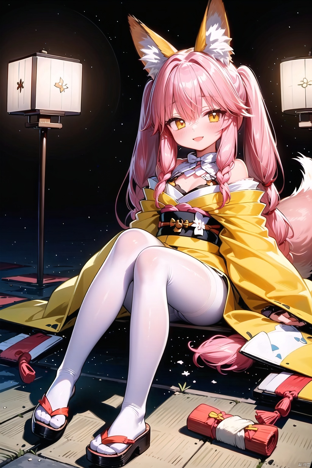  ((best quality)),((masterpiece)),((ultra-detailed)),(illustration),(detailed light),(an extremely delicate and beautiful),((trim)),no shoes, 1girl, pantyhose, solo, tail, pink hair, white pantyhose, animal ears, smile, long hair, fox tail, japanese clothes, blush, twintails, fox ears, kimono, loli