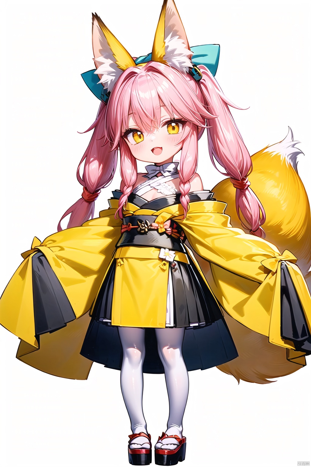 (masterpiece:1.1), (best quality:1.2), highres, original, extremely detailed wallpaper, official art,(petite child:1.2), 
1girl, full body, pink hair, yellow eyes, animal ears, twintails,  （fox ears, fox Tail）, hair ornament, solo,looking at viewer,standing, 
kimono,white pantyhose,  yellow bow,  sleeves past wrists,braid,  wide sleeves,  long sleeves,bare shoulders,
 simple background, white background,
